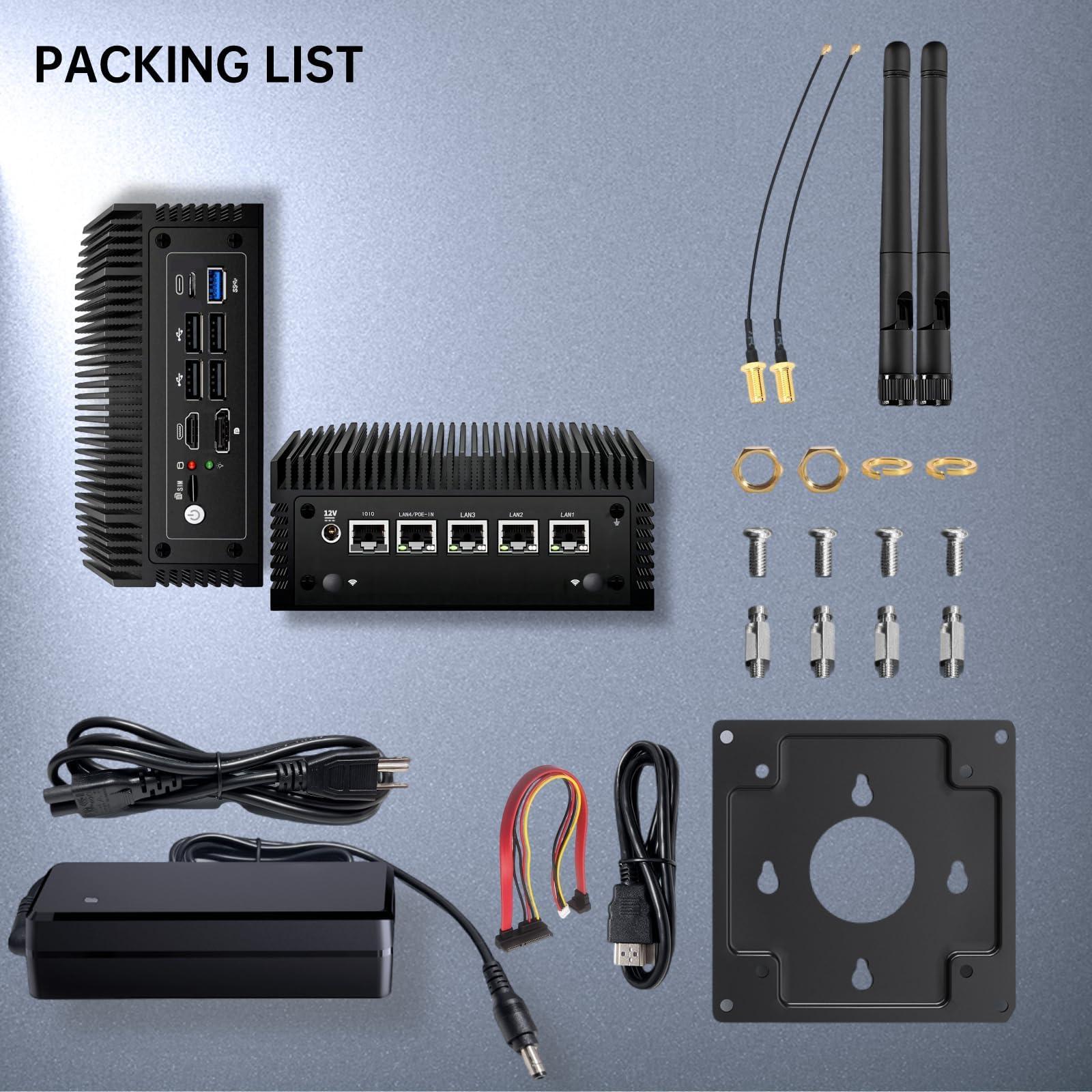 NEOSMAY Fanless N100 Industrial Mini PC Micro Firewall Appliance, 4 * 2.5Gbe i225 LAN Ports POE in Mini Computer 8GB DDR4 RAM 128GB SATA SSD, USB-C/5*USB/SIM Slot/HD+DP/Home Network Pfsense Router