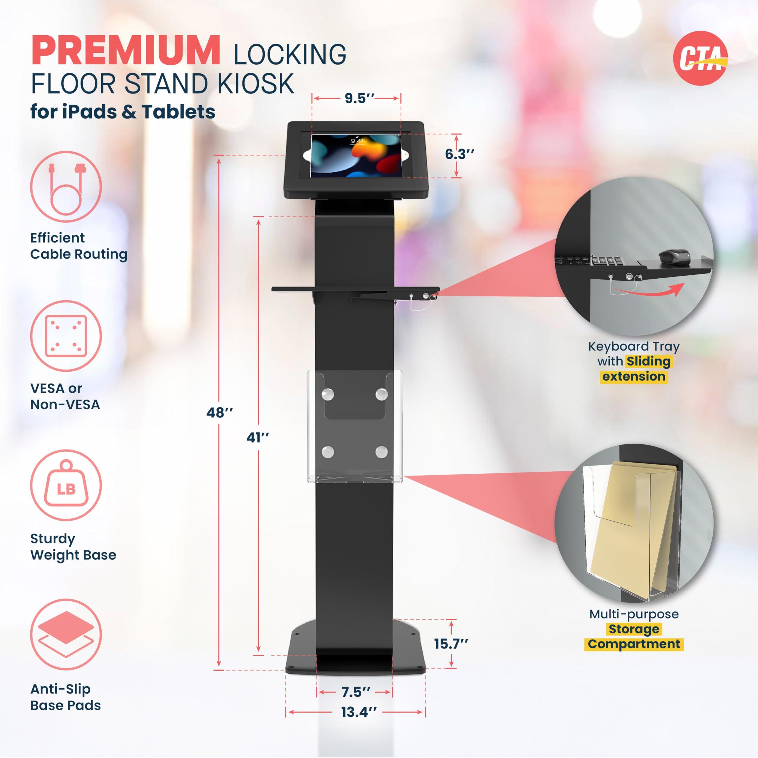 CTA Digital Anti-Theft Mobile Workstation Stand - CTA Locking Floor Stand Kiosk w/Secure Enclosure, Keyboard Tray & Storage - iPad 10.2" 7/8/9 Gen - 11" iPad Pro - Galaxy Tab A & More - Black - (PAD-PARAFK)