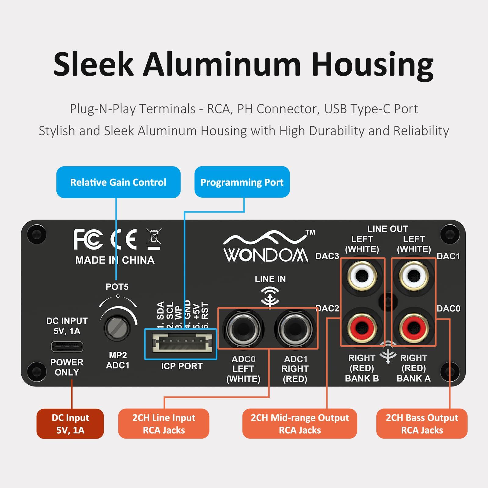 WONDOM ADAU1701 2.1 4.0 DSP Digital Signal Processing Preamp Crossover 2-in 4-Out Tone Board with Treble Bass Volume Adjustment Support Sigmastudio