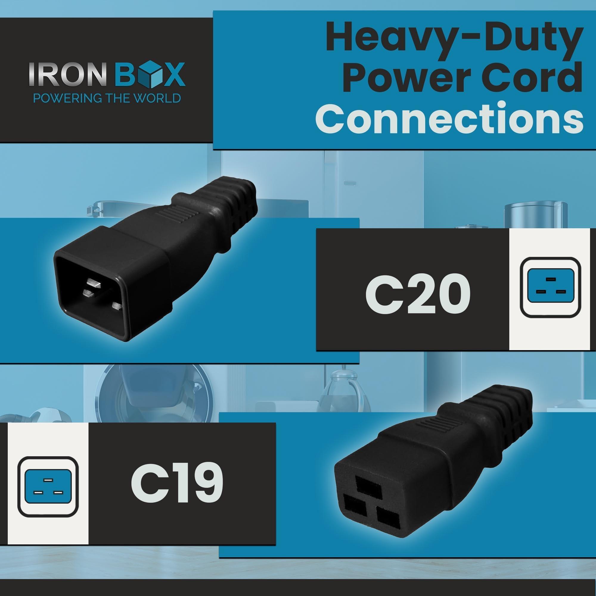 Iron Box IronBox Electric - Heavy-Duty C20 to C19 Power Cord - 20A/250V Rated, 12/3 SJT IEC 60320 Equipment to PDU Cable - Male End C20 Plug/Female End C19 Connector - UL Listed Power Cable-(Black,4 Foot)