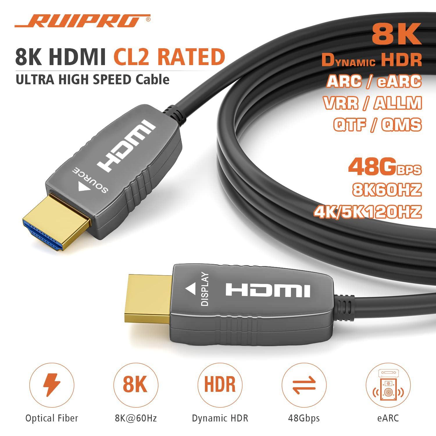 RUIPRO RUIPRO 8K HDMI Ultra High Speed Latest 2.1b Certified Fiber Optic Cable CL2 Rated 33 Feet 8K60Hz 4K120Hz 48Gbps eARC HDR HDCP2.3 for RTX4080/4090/3080/3090 Xbox PS5 AVR Projector LG/Samsung/Sony