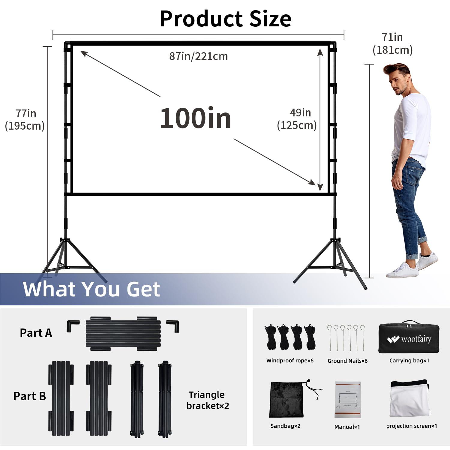 wootfairy Projector Screen with Stand, Wootfairy 100 inch Foldable and Portable Projection Screen 16:9 4K HD Rear Front Wrinkle-Free Movie Screen with Carry Bag for Indoor Outdoor Home Theater Backyard Cinema