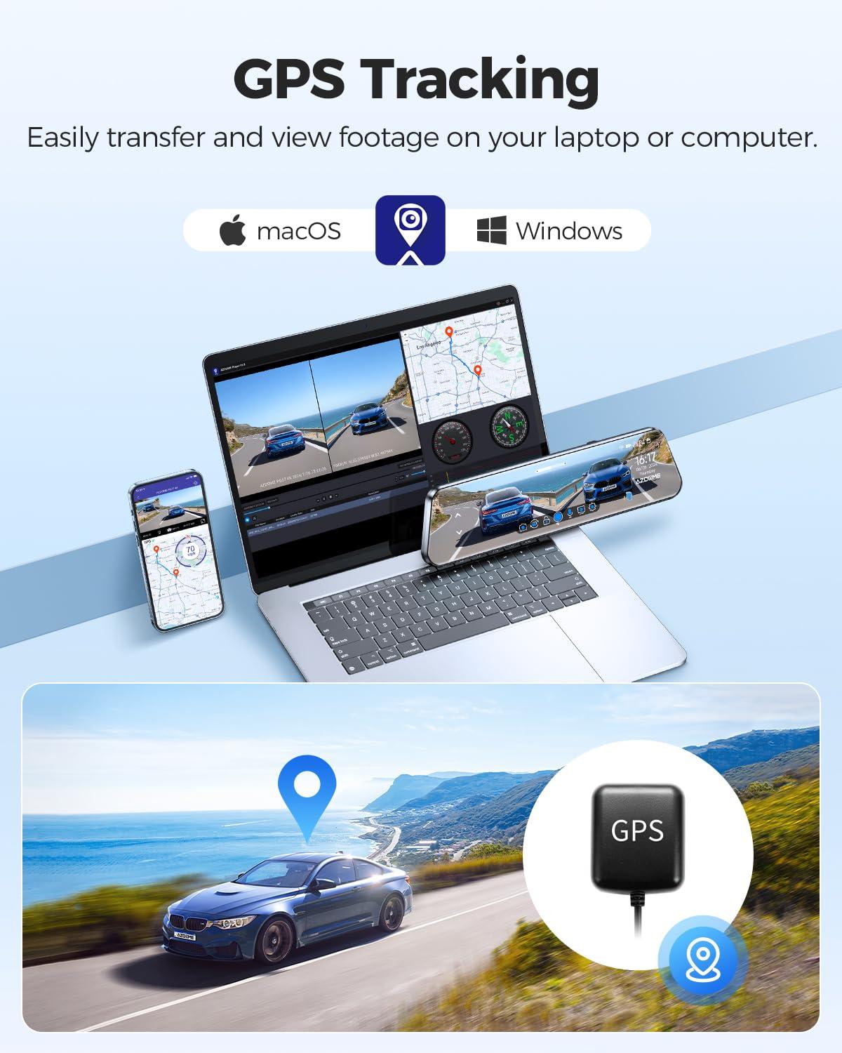 AZDOME AZDOME PG17 4K 12" Mirror Dash Cam Front and Rear, WiFi Rear View Mirror Camera with 64GB Card, Waterproof 1080P Rear Camera, GPS, Voice Control, WDR Night Vision, Driving Assistant