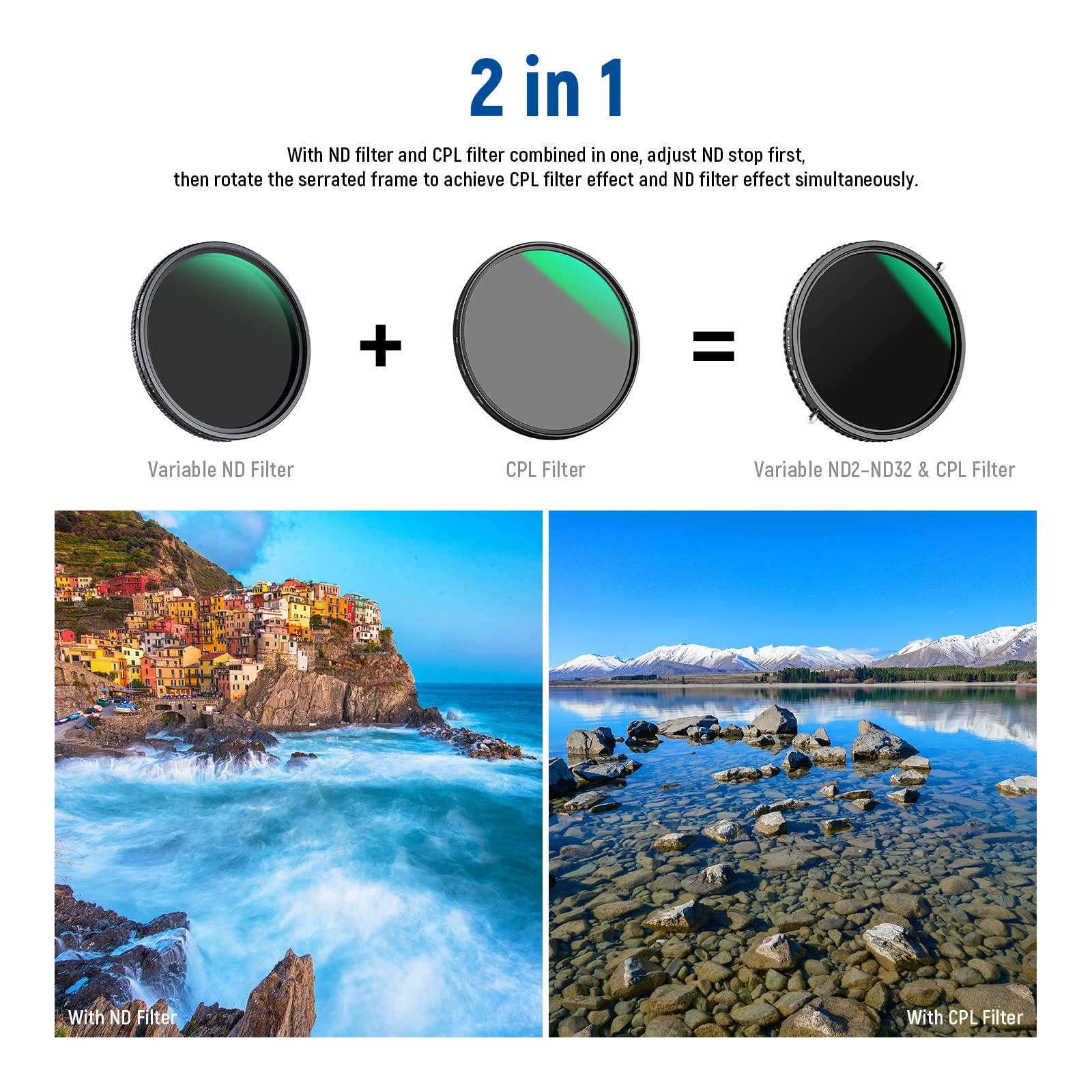 NEEWER NEEWER 2 in 1 58mm Variable ND Filter ND2ND32&CPL Filter(Circular Polarizer Filter) No X Cross/30 Layer Nano Coated/HD Optical Glass/Ultra Slim Aluminum Alloy Frame/Water Repellent/Scratch Resistant