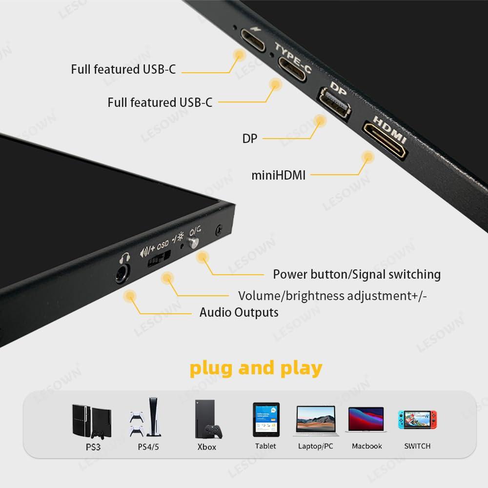 LESOWN LESOWN 18\" 1920x1200 Ultra Thin Portable Gaming Monitor Widescreen 100% sRGB 400Nits VESA USB-C External Display, Built-in Speakers (18\" 1200P 120Hz No Touch)