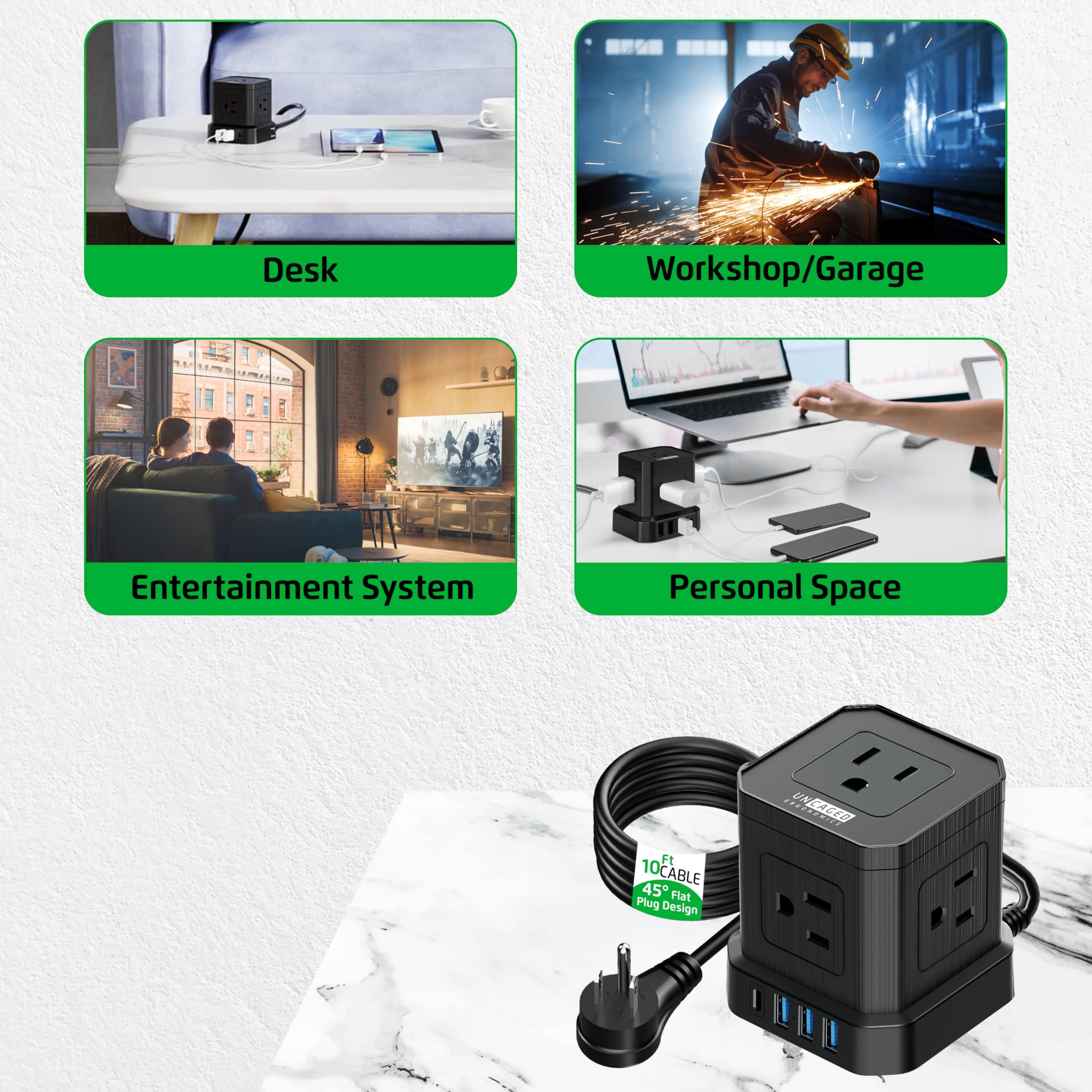 Uncaged Ergonomics Cube Power Strips with Surge Protection, 10ft Extension Cord with Multiple Outlets, 5 AC Plugs + 3 USB + 1 USB-C Fast Charging Power Strip with USB Ports, Mountable On/Off Switch Charging Station