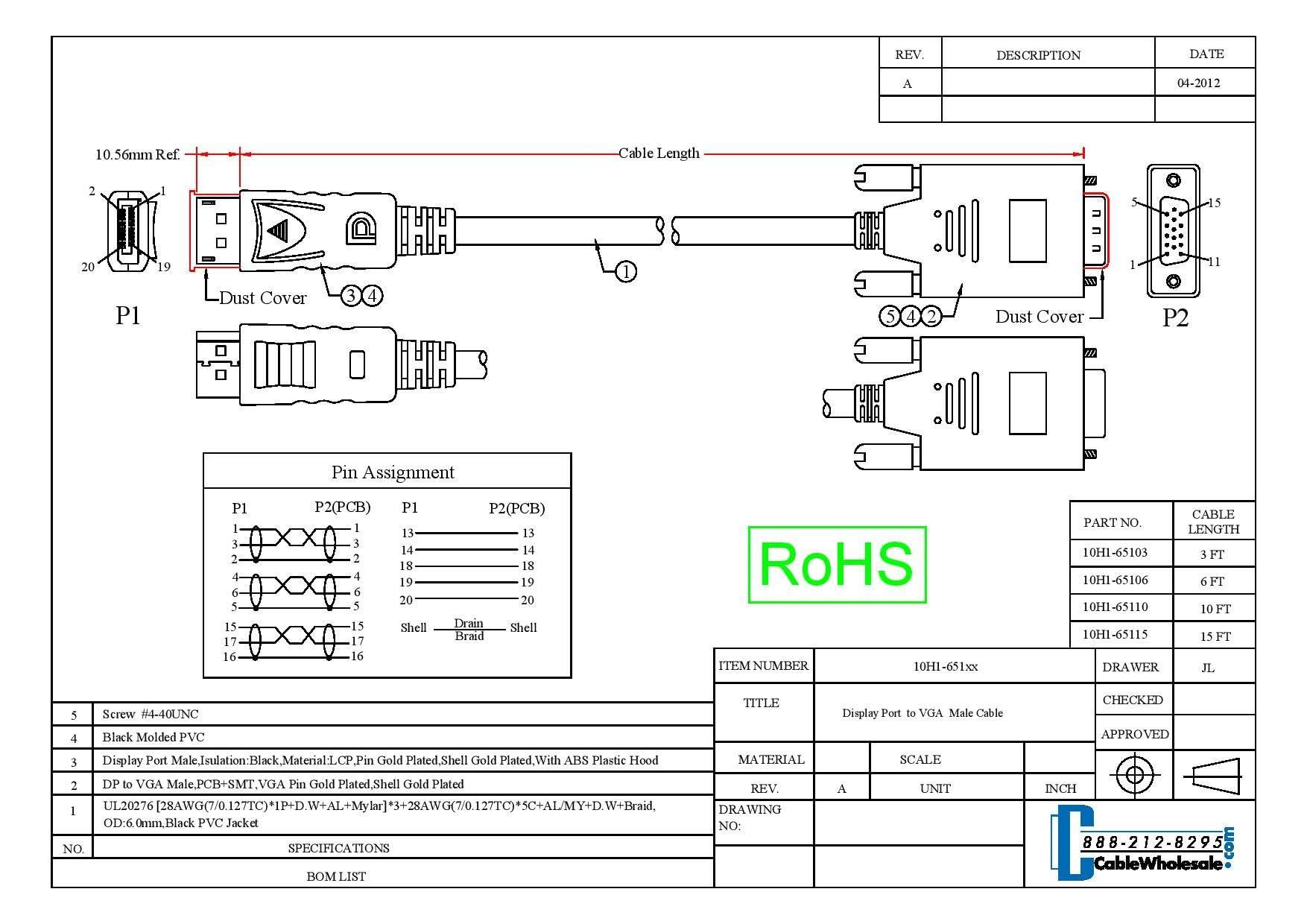CableWholesale CableWholesale DisplayPort (DP) to VGA Adapter Monitor Cable - HD 1080p DisplayPort (DP) Male to VGA Male, Gold Plated Connector, Black, 10 feet