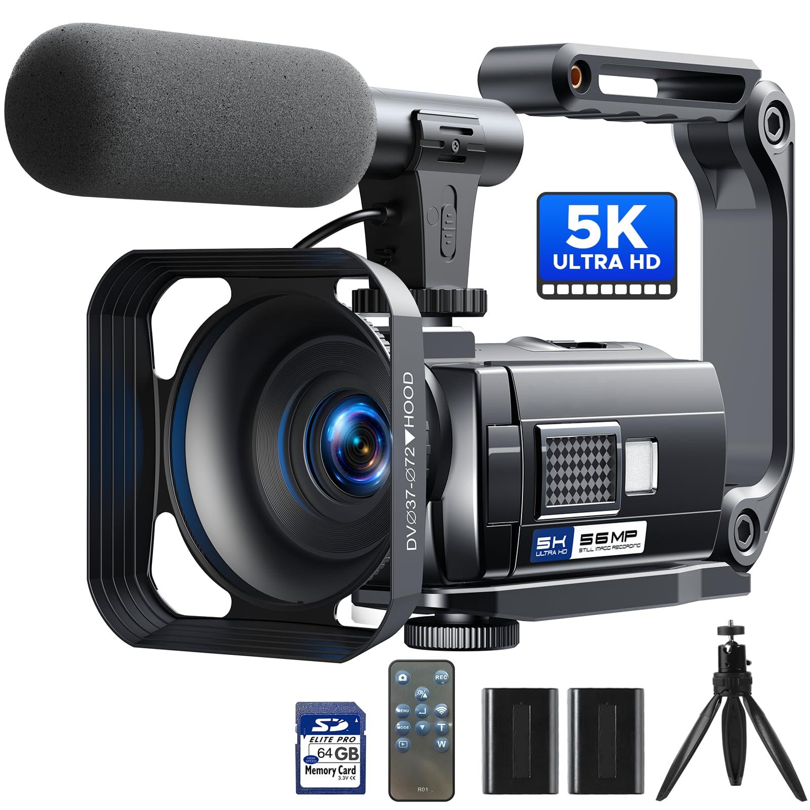 CAMWORLD Camcorder Video Camera, 5K 56MP Vlogging Camera YouTube WiFi Night Vision 3 270 Rotatable Touchscreen Podcast Cameras Recorder with 64GB SD Card, Microphone, Stabilizer, Remote, Batteries, Tripod