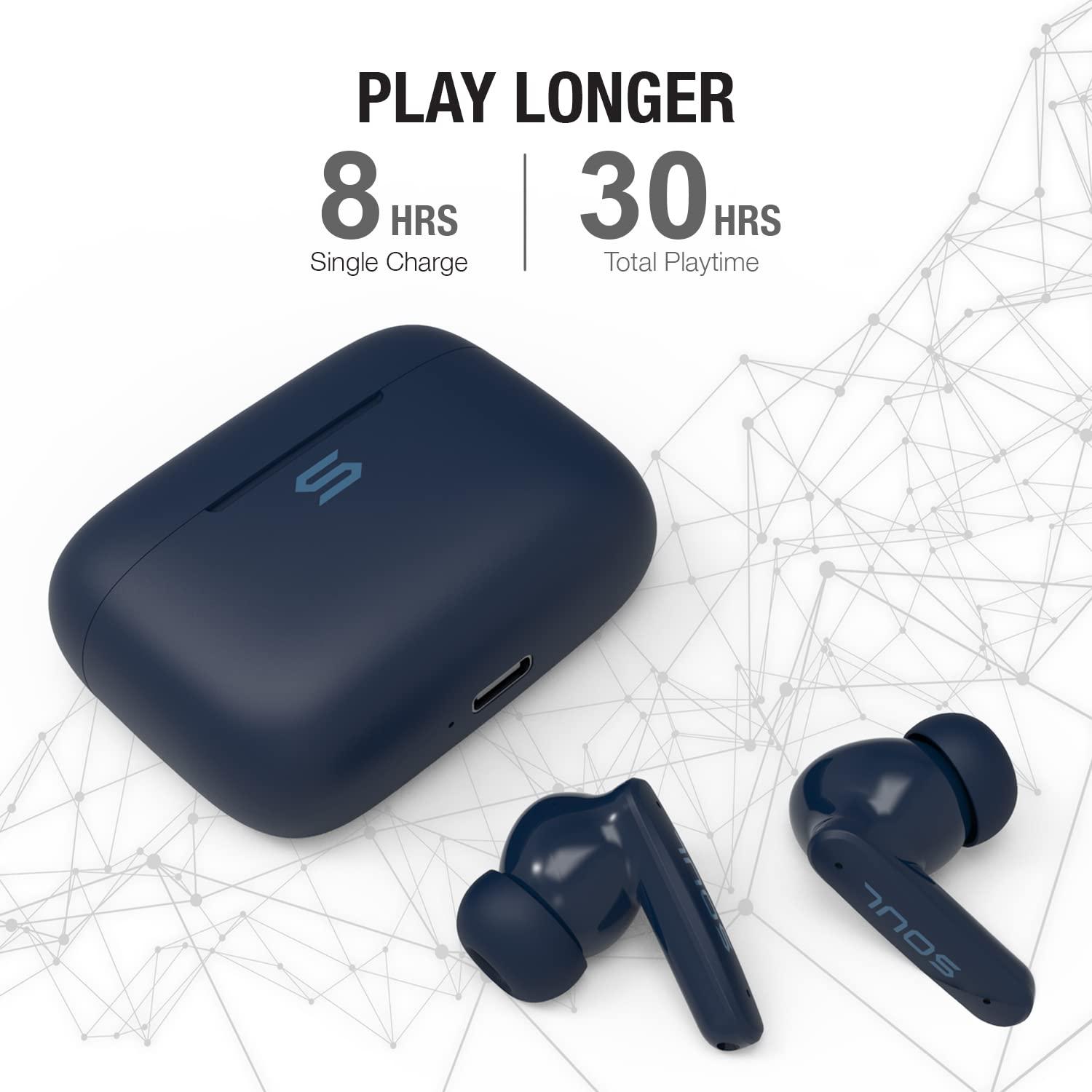 Soul Electronics Soul Environmental Noise Cancelling Wireless Earbuds IPX4 Waterproof Bluetooth in Ear Headphones with Powerful Bass, 30H Playtime, Low Latency for Gaming, Movies (Blue)