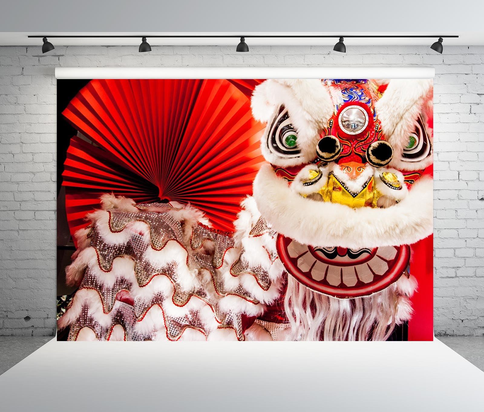 BELECO BELECO 10x6.5ft Fabric Chinese Lion Dance New Year Backdrop Chinese New Year with Red Fan Festival Background Spring Festival Lunar New Year Party Decorations Banner Photo Booth Studio Props