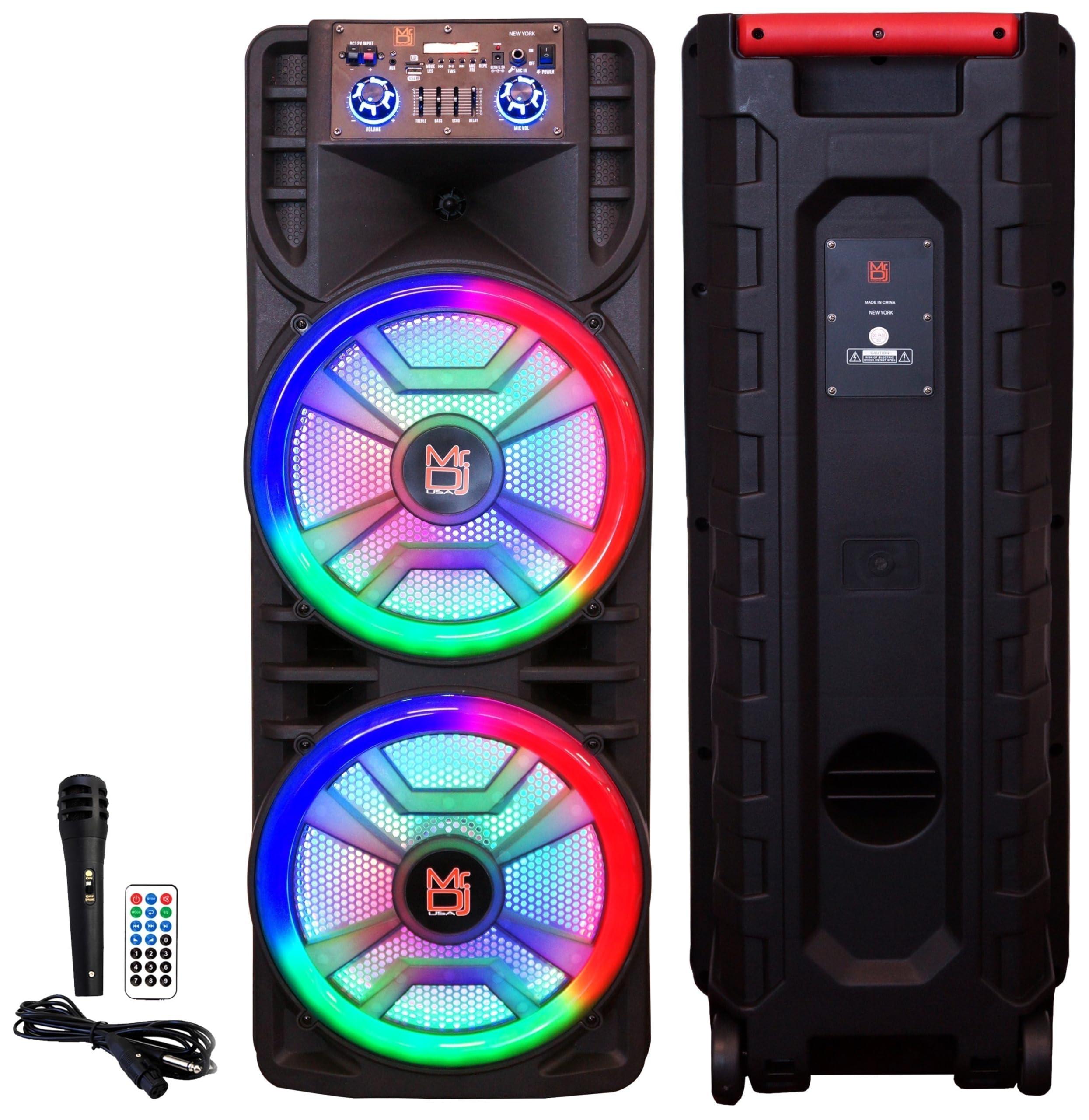 Mr. Dj MR DJ USA Newyork+ 12" X 2 Rechargeable Portable Bluetooth Karaoke Speaker with Party Flame Lights Microphone TWS USB FM Radio + 18-LED Moving Head DJ Light