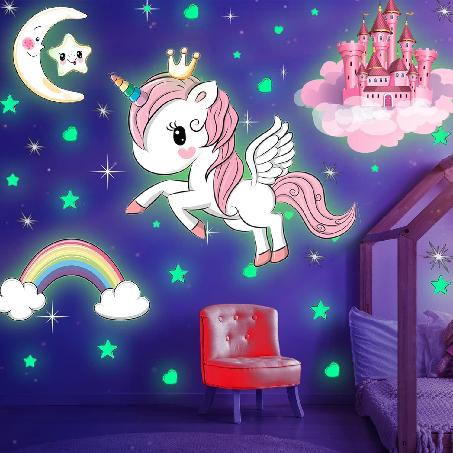 MAFOX Glow in The Dark Stars, Glowing Unicorn Sets with Castle Moon and Rainbow Wall Decals for Kids Bedding Room, Great for Birthday Gift Wall Mural Stickers for Girls and Boys