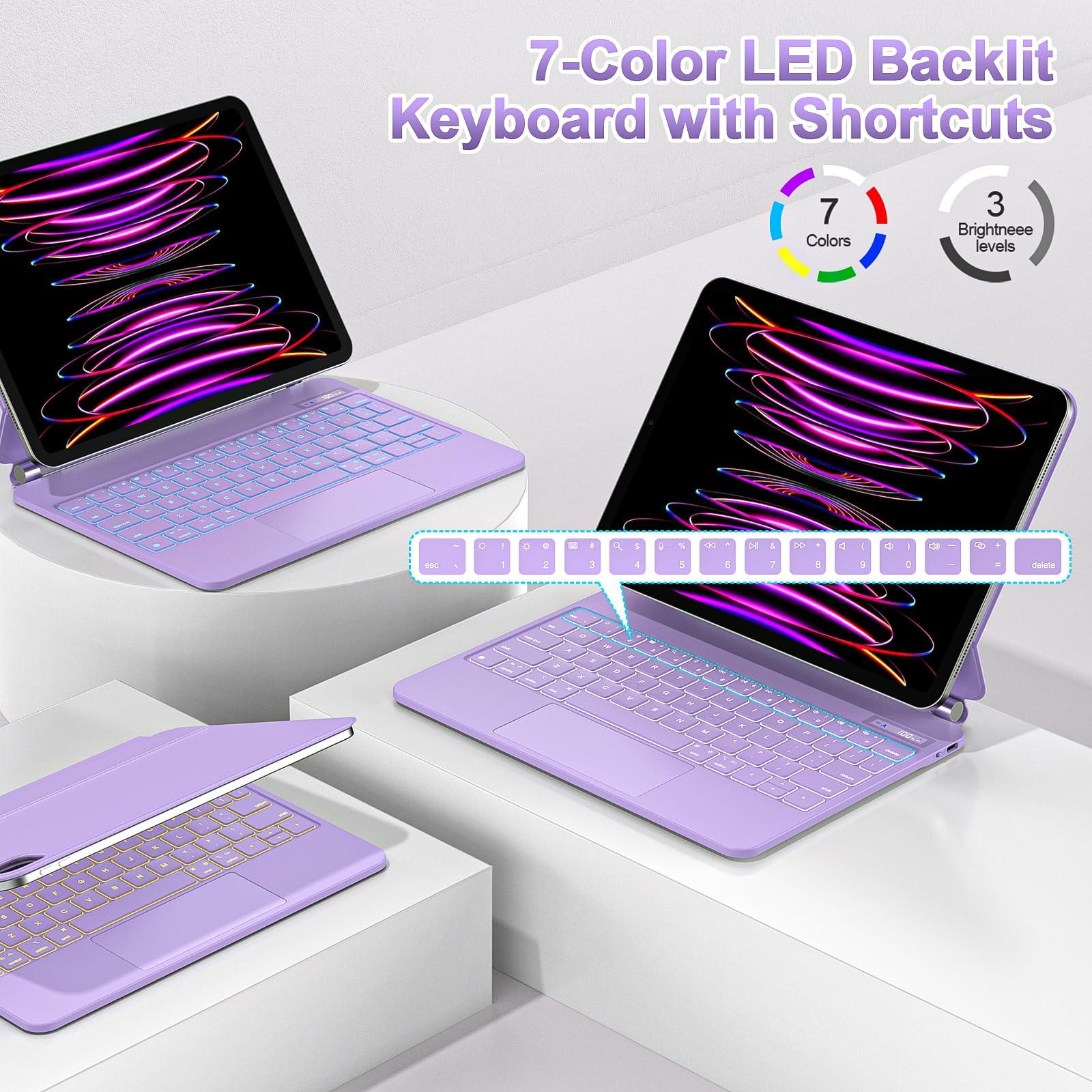 GOOJODOQ GOOJODOQ Magnetic Keyboard for iPad Air 11-inch (M2) 2024 & iPad Pro 11 inch (4th/3rd/2nd/1st) Gen 2022,iPad Air 5th/4th Gen 10.9\",Click-Anywhere Trackpad with 7 Color Backlit Floating Keyboard-Purple