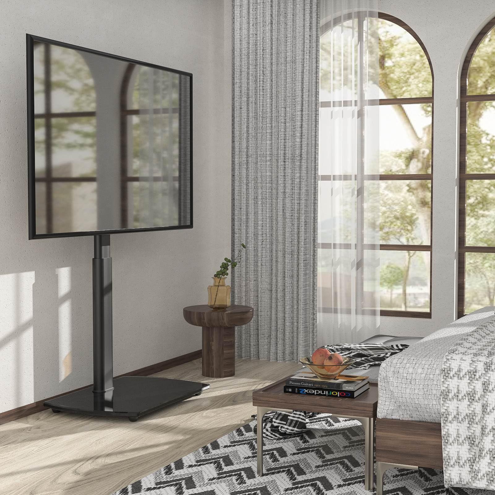 Rfiver Rfiver Swivel TV Floor Stand with Mount for Apple TV/Roku Ultra, Universal for 32-65 Inch LCD LED Flat Screen, Height Adjustable TV Mount Stand with Shelf, Space Saving Corner TV Stand for Home Office