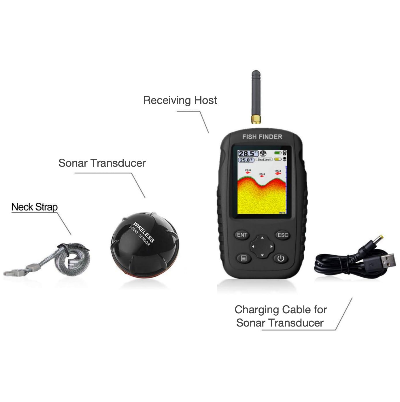 Lumirio Portable Fish Finder, Handheld Wireless Sonar Transducer Fish Finder, Rechargeable Fish Finder for Fishing Kayak Fishing Boat, LCD Display of Water Depth & Temperature Fish Size Bottom Contour