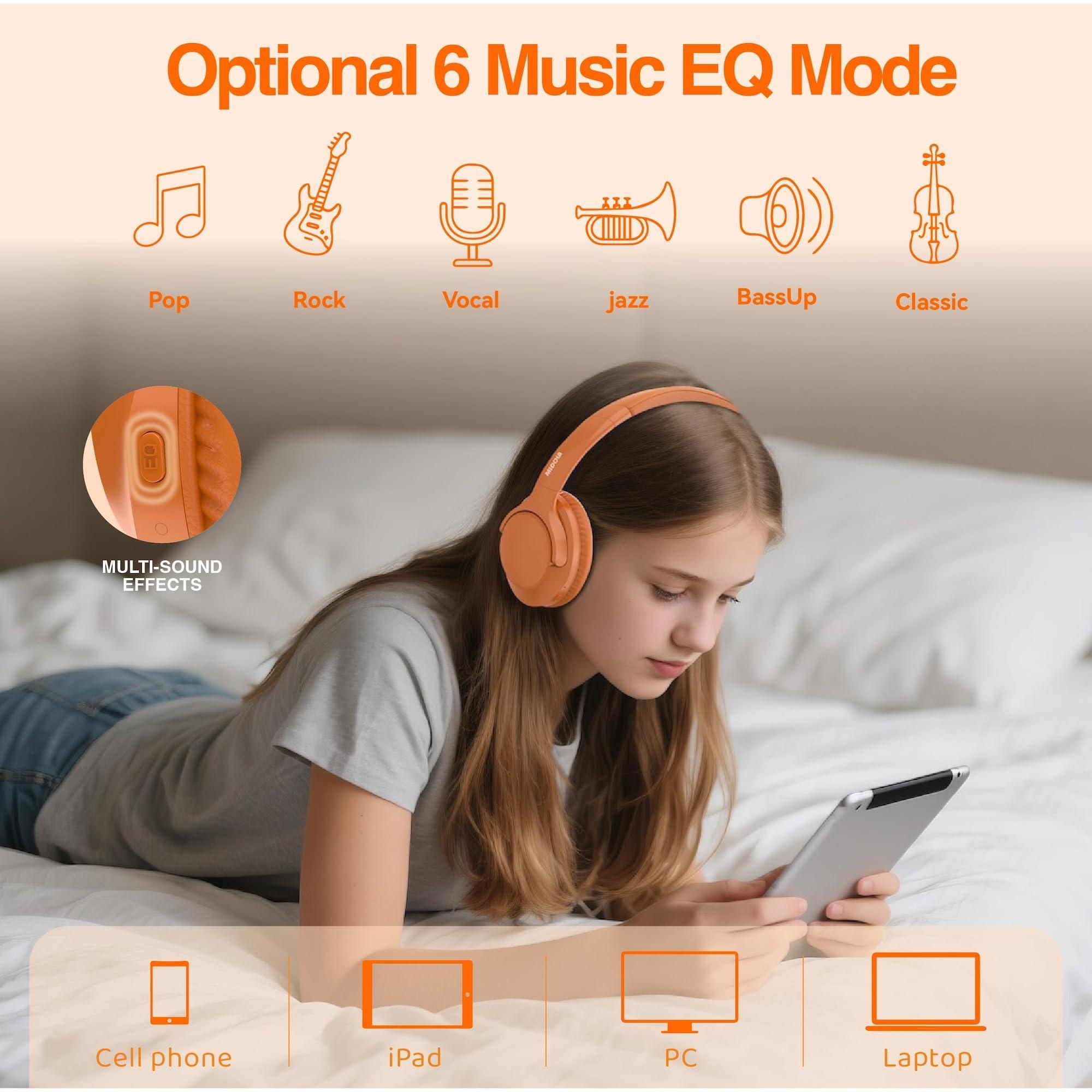 MIDOLA MIDOLA Bluetooth Headphones Over Ear 68H Playtime 6 EQ Wireless Headset with Microphone HiFi Stereo Foldable Lightweight Deep Bass for Travel Home Office Cellphone Orange