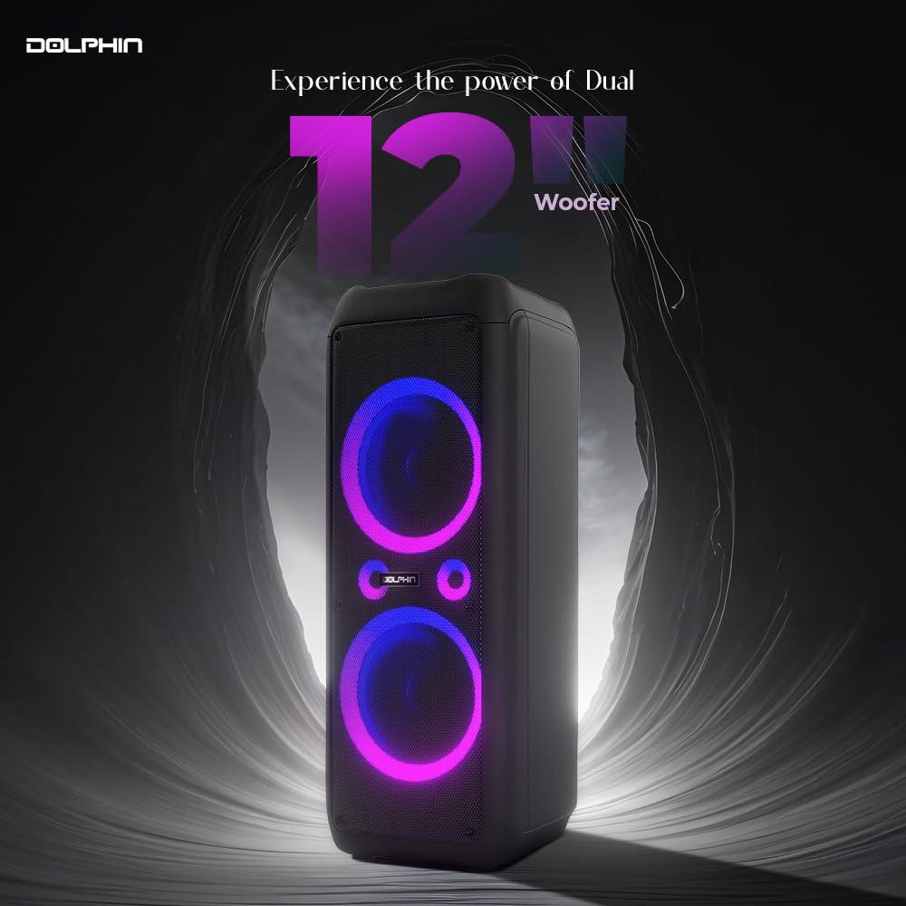 Dolphin Dolphin SP-1270RBT Dual 12-Inch Premium Party Bluetooth Speaker, Bluetooth/USB/SD/FM/AUX, X-Bass, 5-Band EQ, LED Display, Quad Ring Lights
