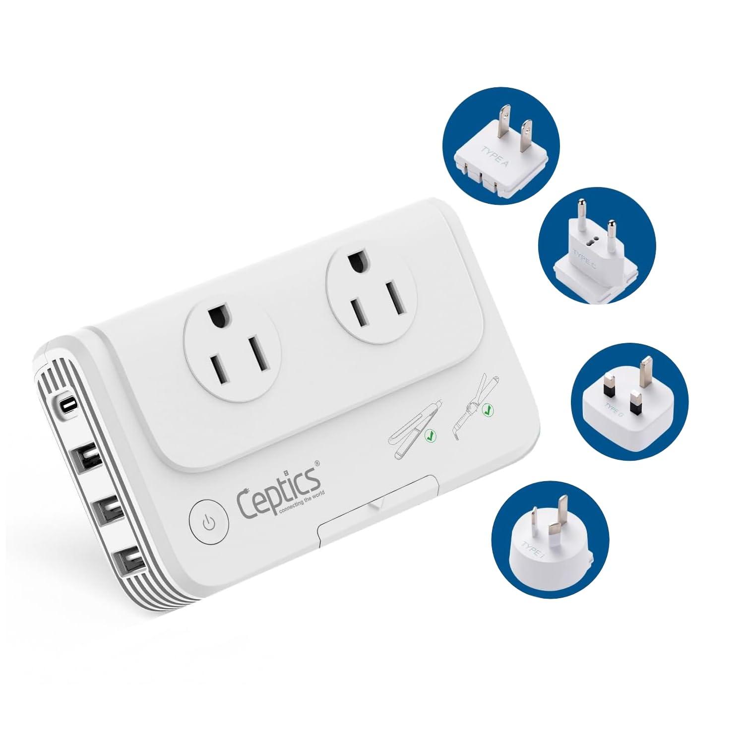 Ceptics Ceptics 200 W Voltage Converter, Convert 220 V to 110V for Devices Like Curling Iron, Straightener, Chargers, Step Down World Power Plug - 4 USB PD 18W Fast Charging - EU/AU/UK/US Included