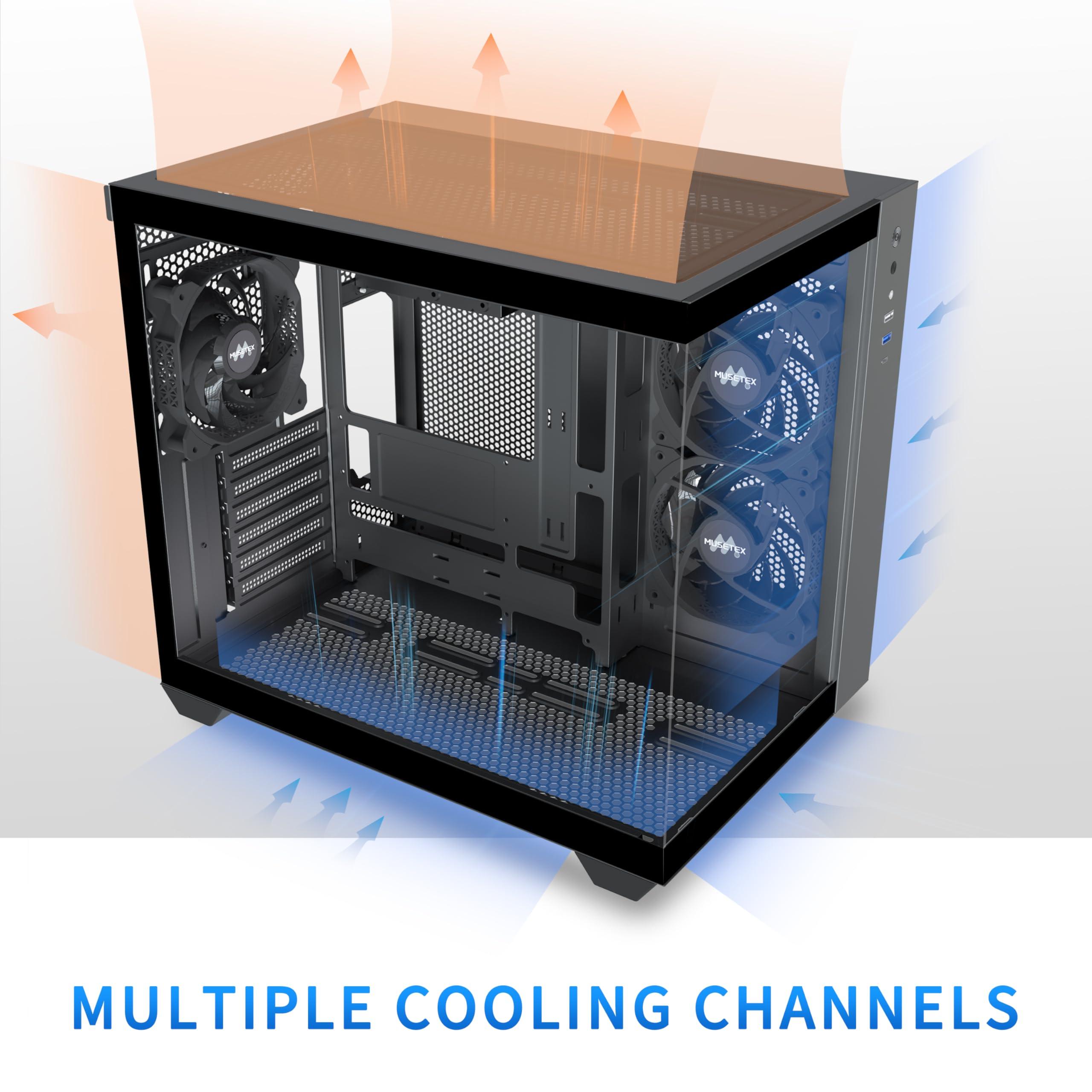 MUSETEX MUSETEX ATX PC Case, 3 x 120mm Fans Pre-Installed, 360MM RAD Support, 270 Full View Tempered Glass Gaming PC Case with Type-C, Mid Tower ATX Computer Case, Black, Y6