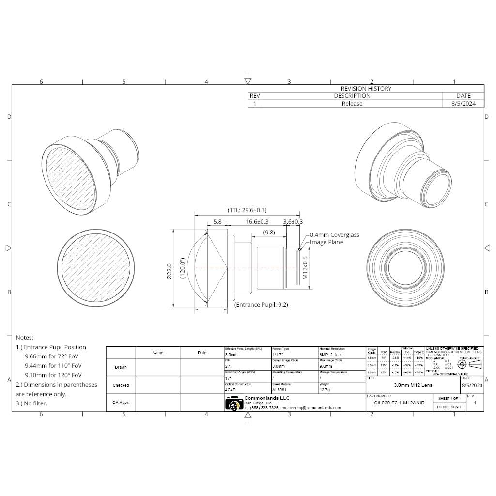 Commonlands 3mm M12 Lens Low Distortion Wide-Angle 8MP+ Resolution Commonlands CIL030-F2.1-M12ANIR