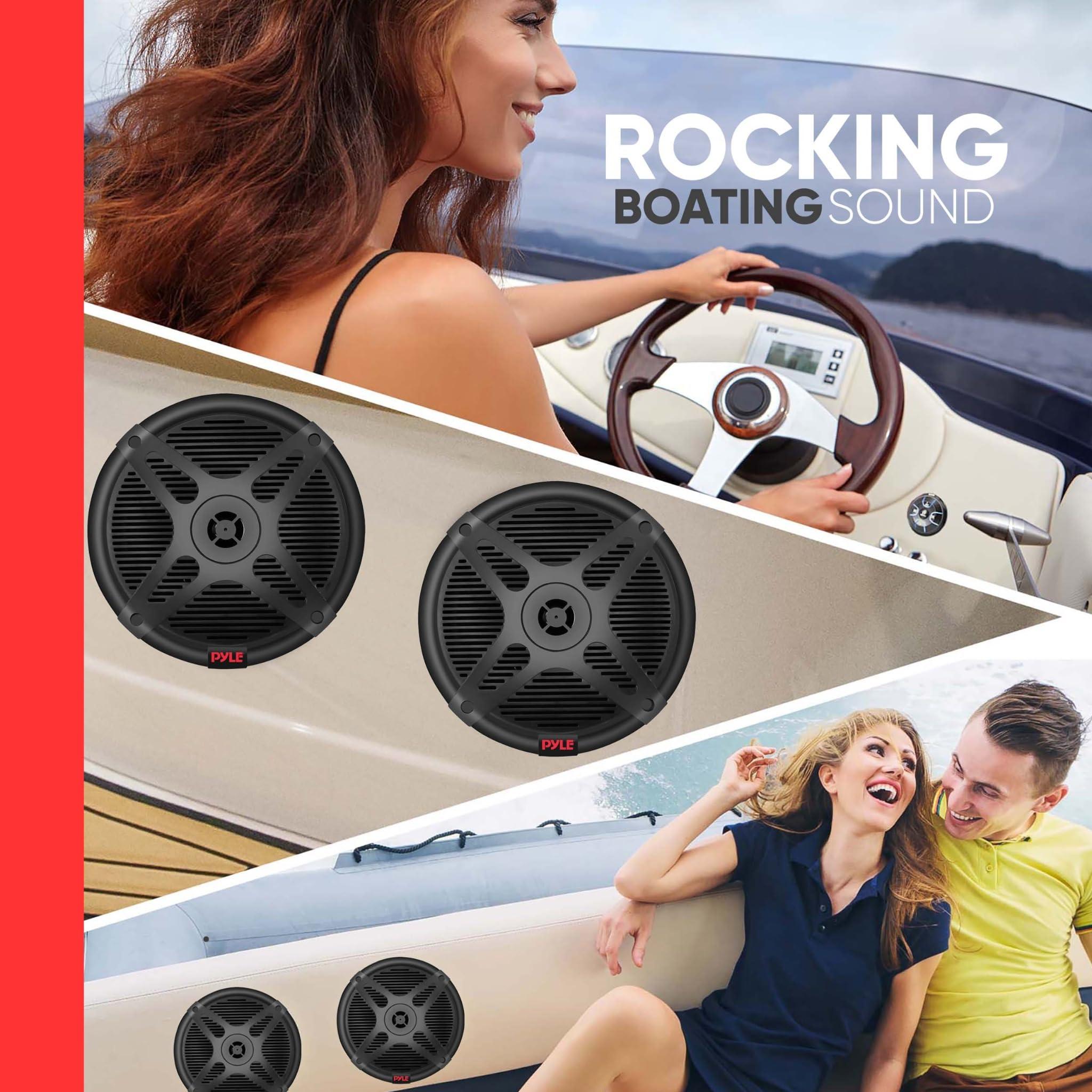 Pyle Pyle 6.5\'\' Dual Marine Speakers Kit - Waterproof-Rated w/Amplified Bluetooth Remote Control Receiver for Powersport Vehicles, IP65 Marine Grade Rating, 600 Watt Max Power PLMRKT8, Black