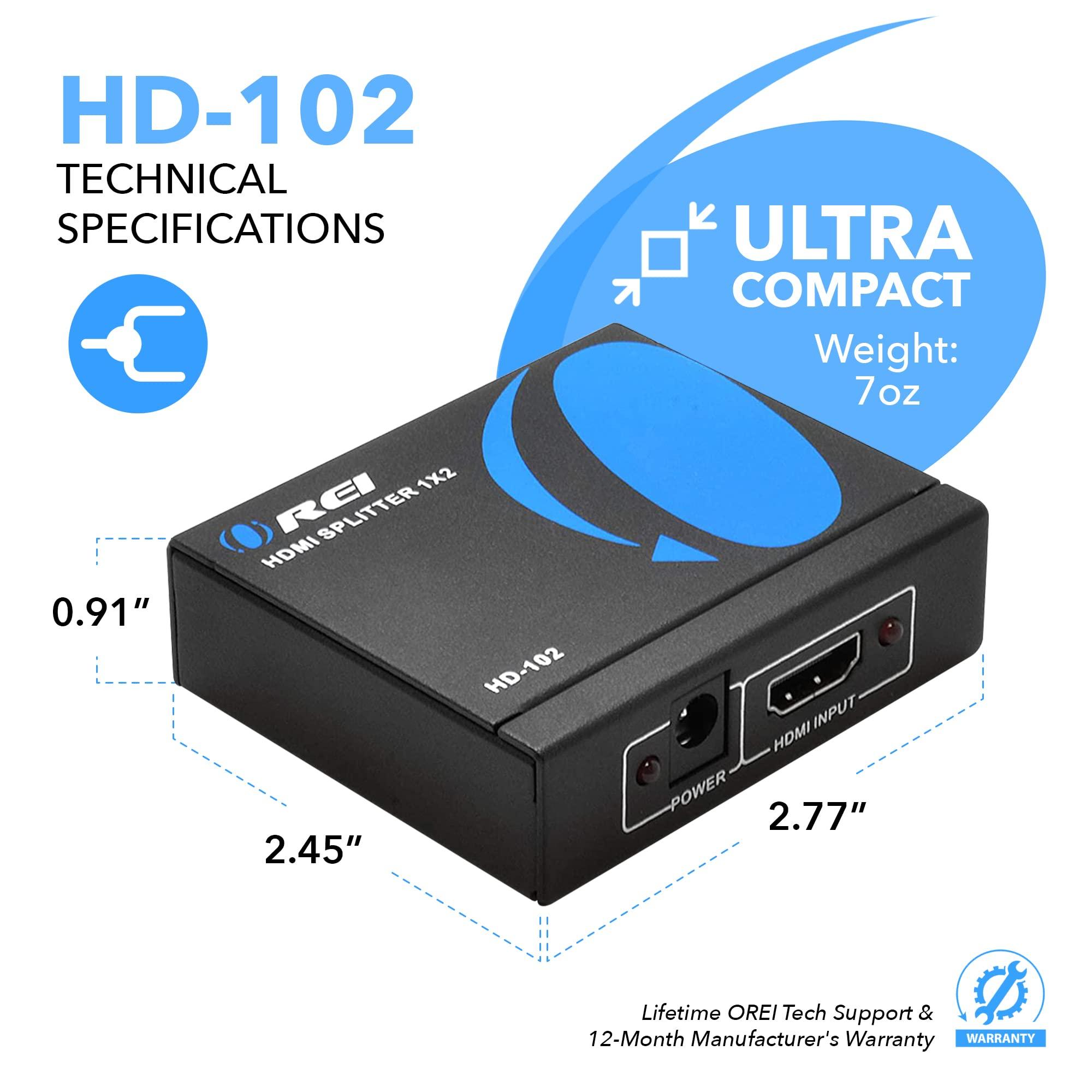 OREI OREI HD-102 1x2 HDMI Splitter Bundle with 2-Pack 6 ft HDMI Cable - Ultra HD 4k@ 30 Hz - 1 Port to 2 HDMI Display Duplicate/Mirror