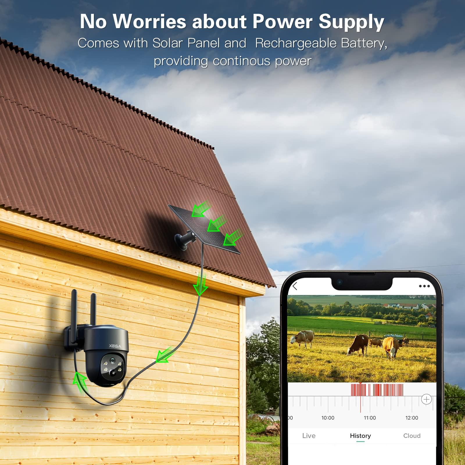 Xega Xega 4G LTE Cellular Security Camera Solar with SIM Card2 Pack Wireless Outdoor No WiFi Security Camera,2K HD PTZ Night Vision Motion Detection 2 Way Talk TF&Cloud Storage IP66, Built-in SIM Card