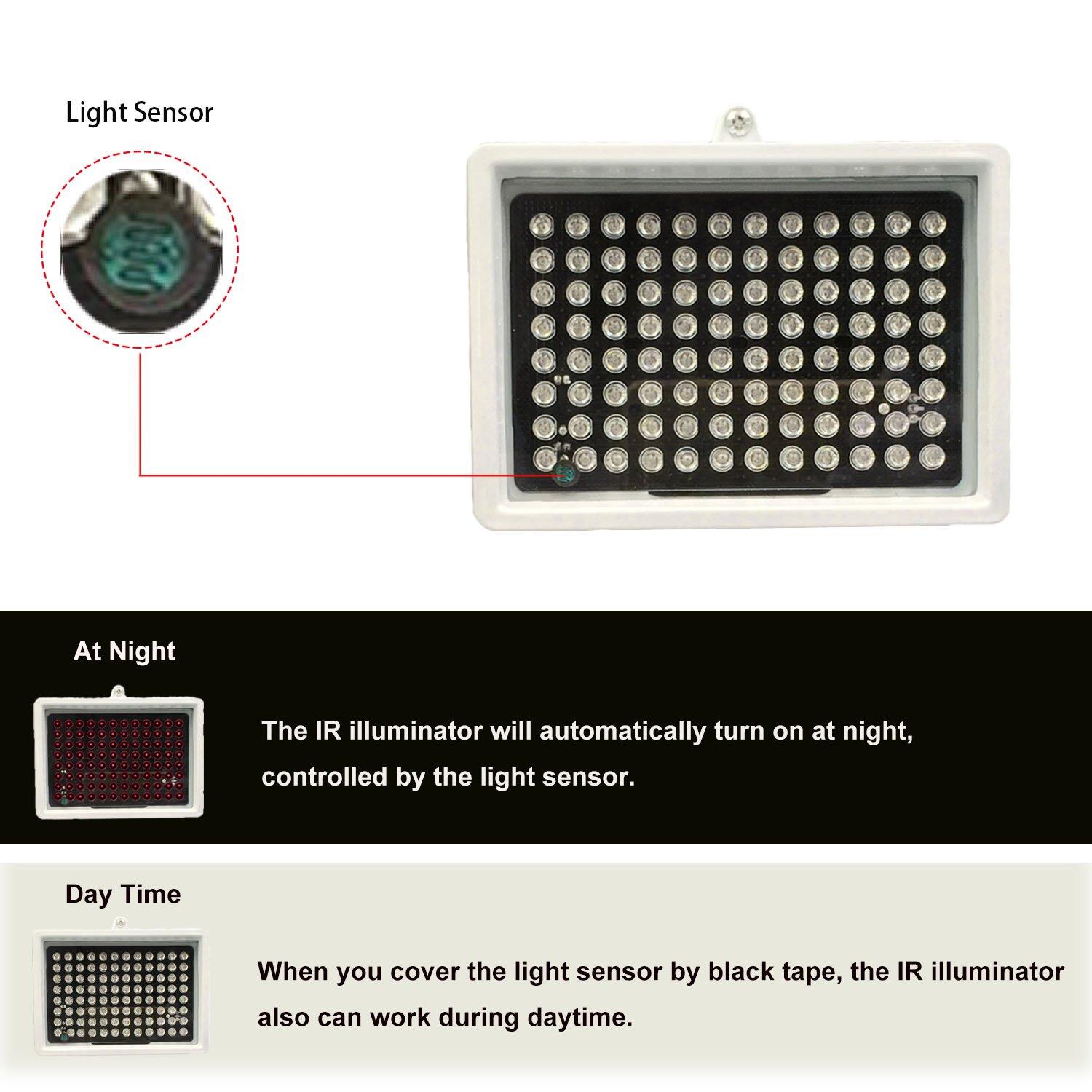 DMetric DMetric IR Illuminator, AC 110V - 220V 850nm Infrared 96 LED Night Vision Waterproof Lamp for Indoor Outdoor Security CCTV Camera, Long Range 80m (263 feet) and Wide Angle 60 Degree