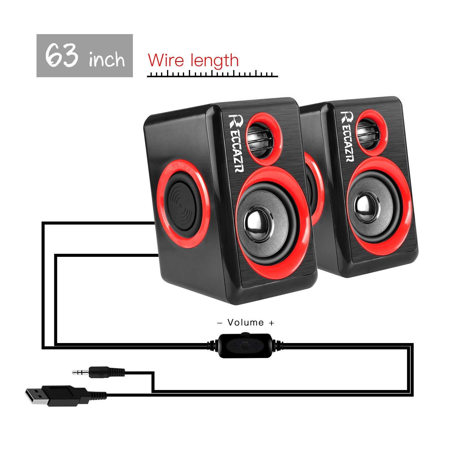 RECCAZR Computer Speakers, 2.0 CH PC Speakers with Surround Sound, USB Wired Laptop Speakers with Deep Bass for Desktop Computer/PC/Laptops/Smart Phone Build-in 4 Loudspeaker Diaphragm Reccazr SP2040|RED