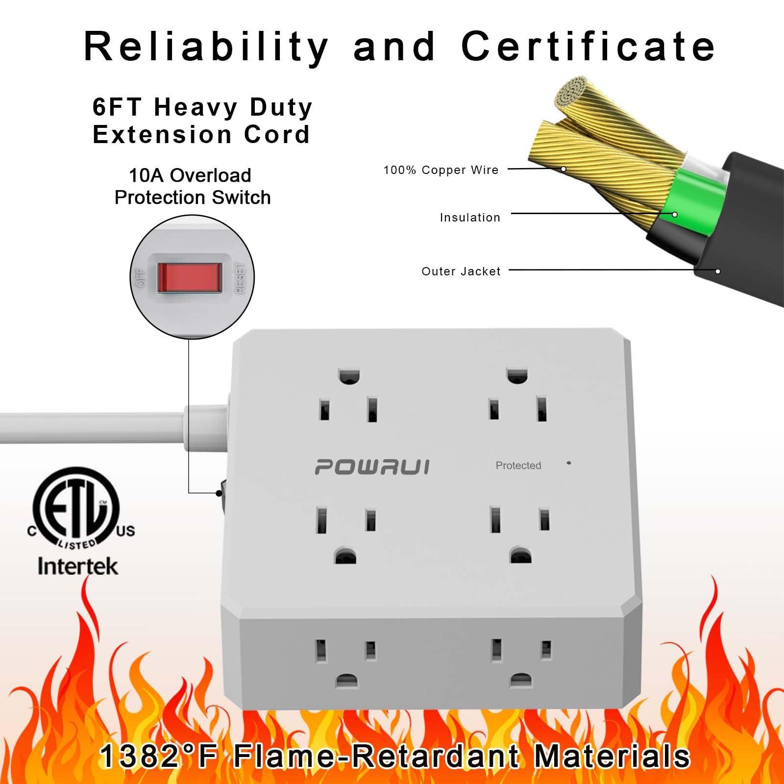 POWRUI Surge Protector Power Strip - 6 Ft Flat Plug Extension Cord with 8 Widely Outlets and 4 USB Ports(1 USB C), 3 Side Outlet Extender for Home Office, Grey, ETL Listed