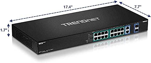 TRENDnet TRENDnet 18-Port Gigabit PoE+ Switch, TPE-TG182F, 16 x Gigabit PoE+ Ports, 2 Gigabit SFP Ports, 440W PoE Budget, 36Gbps Switching Capacity, 1U 19 Rack Mountable, Lifetime Protection, Black