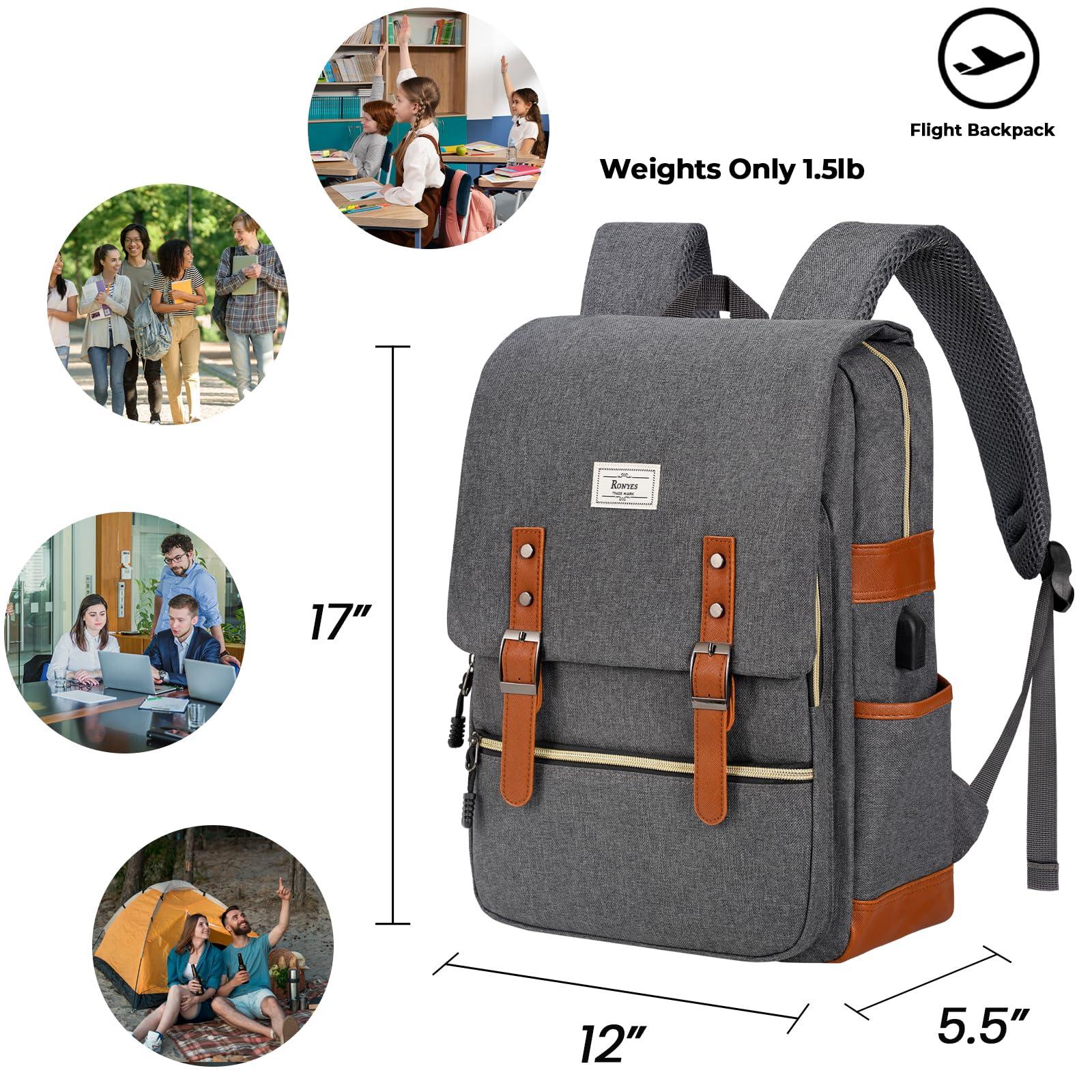 Ronyes Ronyes Vintage Laptop Backpack for Women Men,15.6 inch Bookbag Casual Daypack with USB Charging Port for College Work, Grey Backpacks