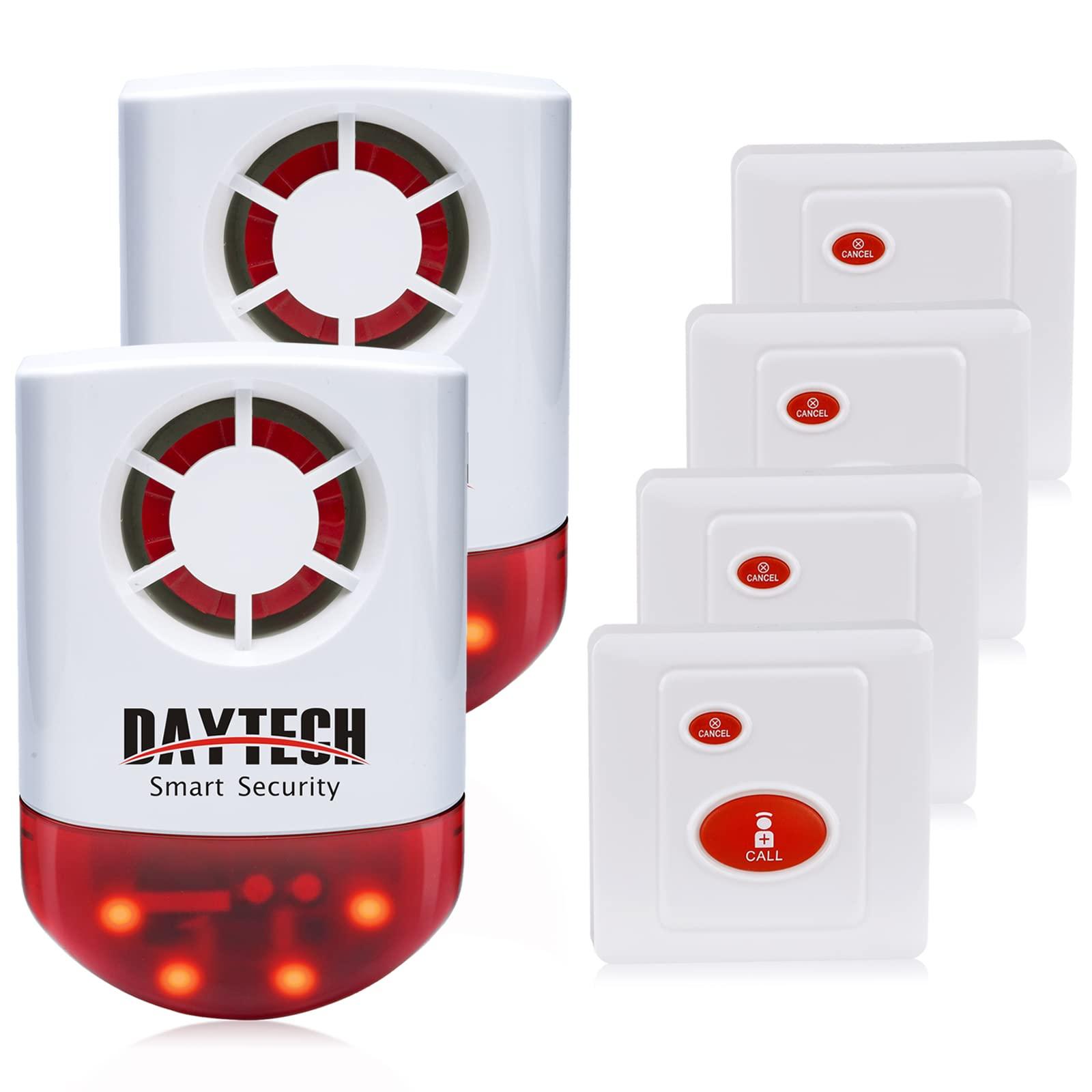 Daytech Daytech Strobe Siren Panic Alarm Button Siren Alarm with Light for Home Caring Loud Outdoor SOS Alert System 2 Red Flashing Siren and 4 Emergency Button for Store Hotel Jewelry Shop Security