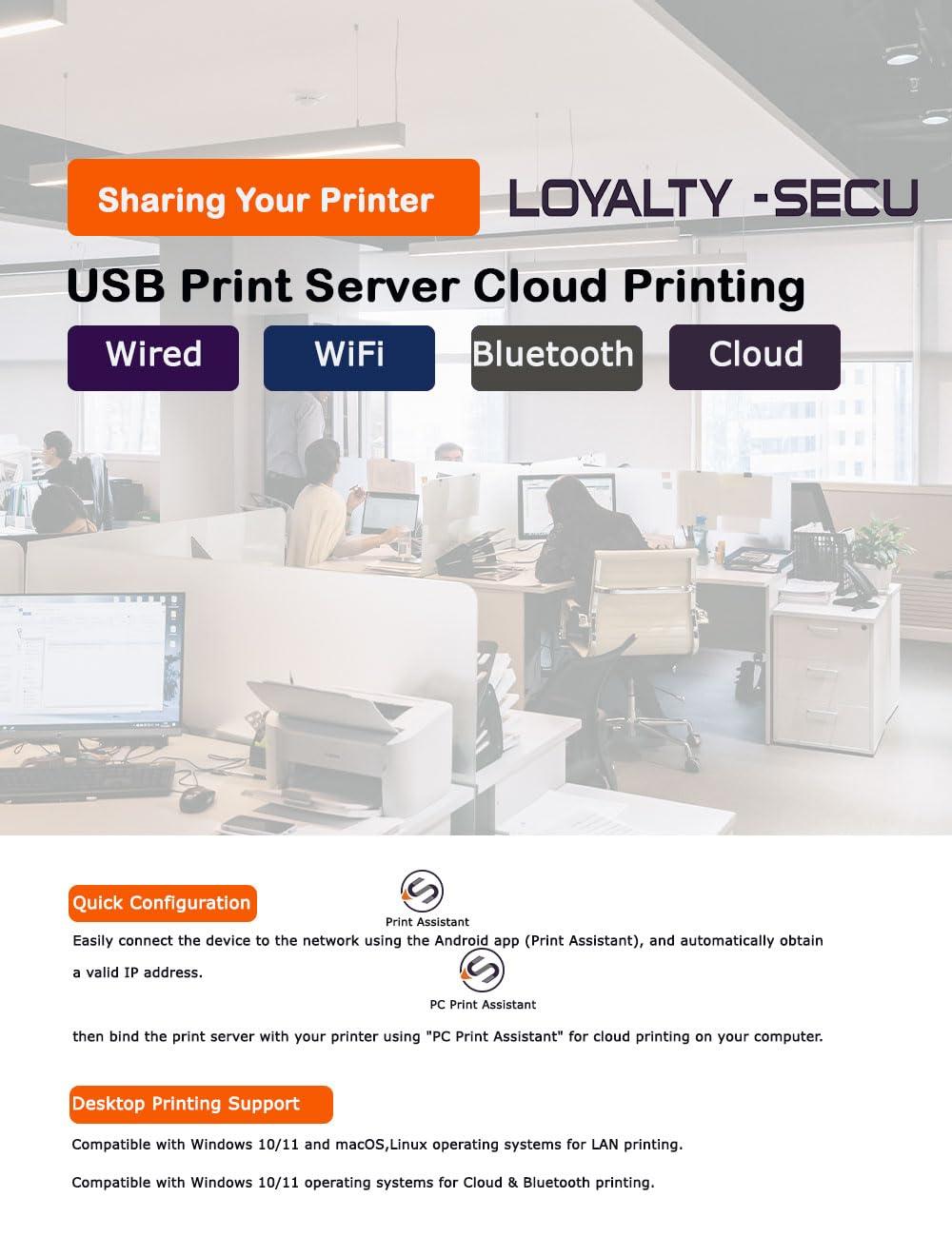 LOYALTY-SECU WiFi Cloud BLE Print Server for USB Printer | Remote Cloud Printing | Dual-Band WiFi Printing| Blue~Tooth Printing