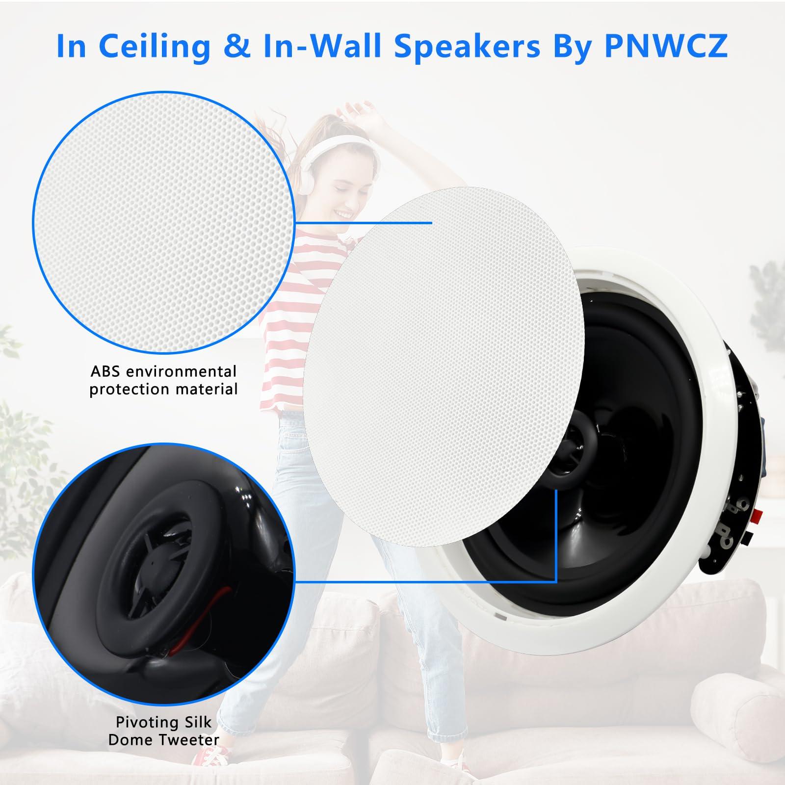 PNWCZ PNWCZ 6.5\'\' Bluetooth in Ceiling Speakers with Wall Amplifier Receiver 600W Flush Mount Ceiling & in-Wall Speaker System for Home Theater Office Bathroom Living Room Kitchen(2Pairs)