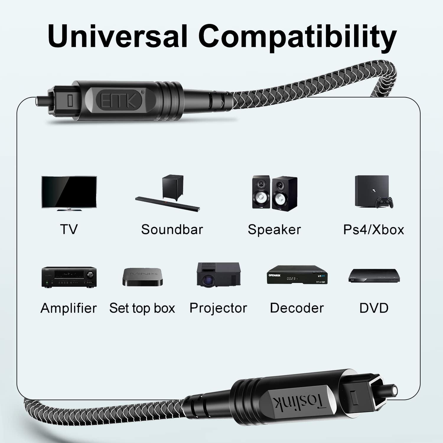 EMK EMK Optical Audio Cable Optical Cable Digital Fiber Optic Toslink Cable for Sound Bar, TV, PS4, Xbox, Home Theater & More (2 Feet/0.6M, Slim Nylon Braided, Black1)