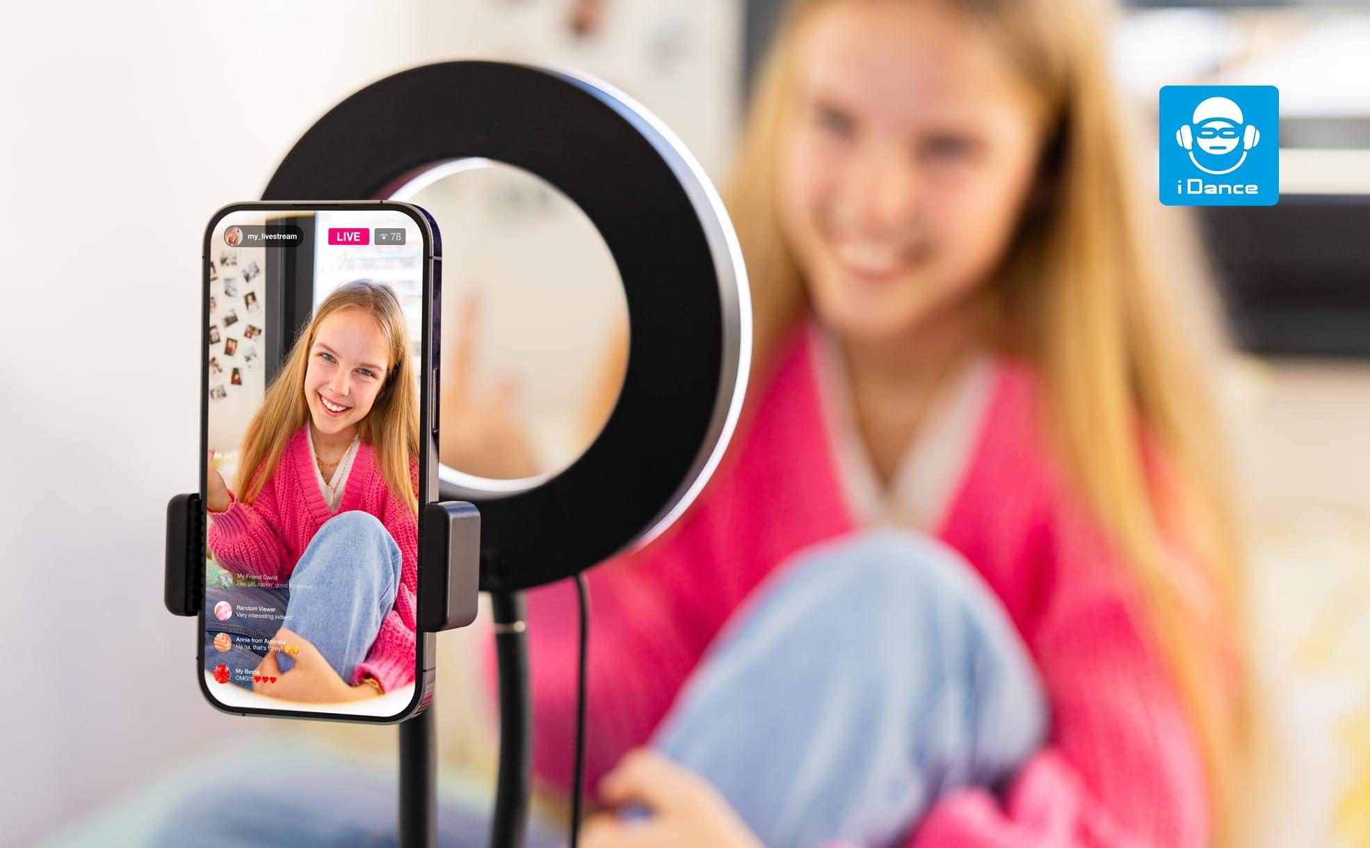 IDANCE iDance LED Ring Light with Stand, 3.5", Portable Desk Ring Light with Cell Phone Mount, Microphone Holder and Tripod for Laptop, Selfie, USB Powered & Remote with Foldable & Adjustable Stand