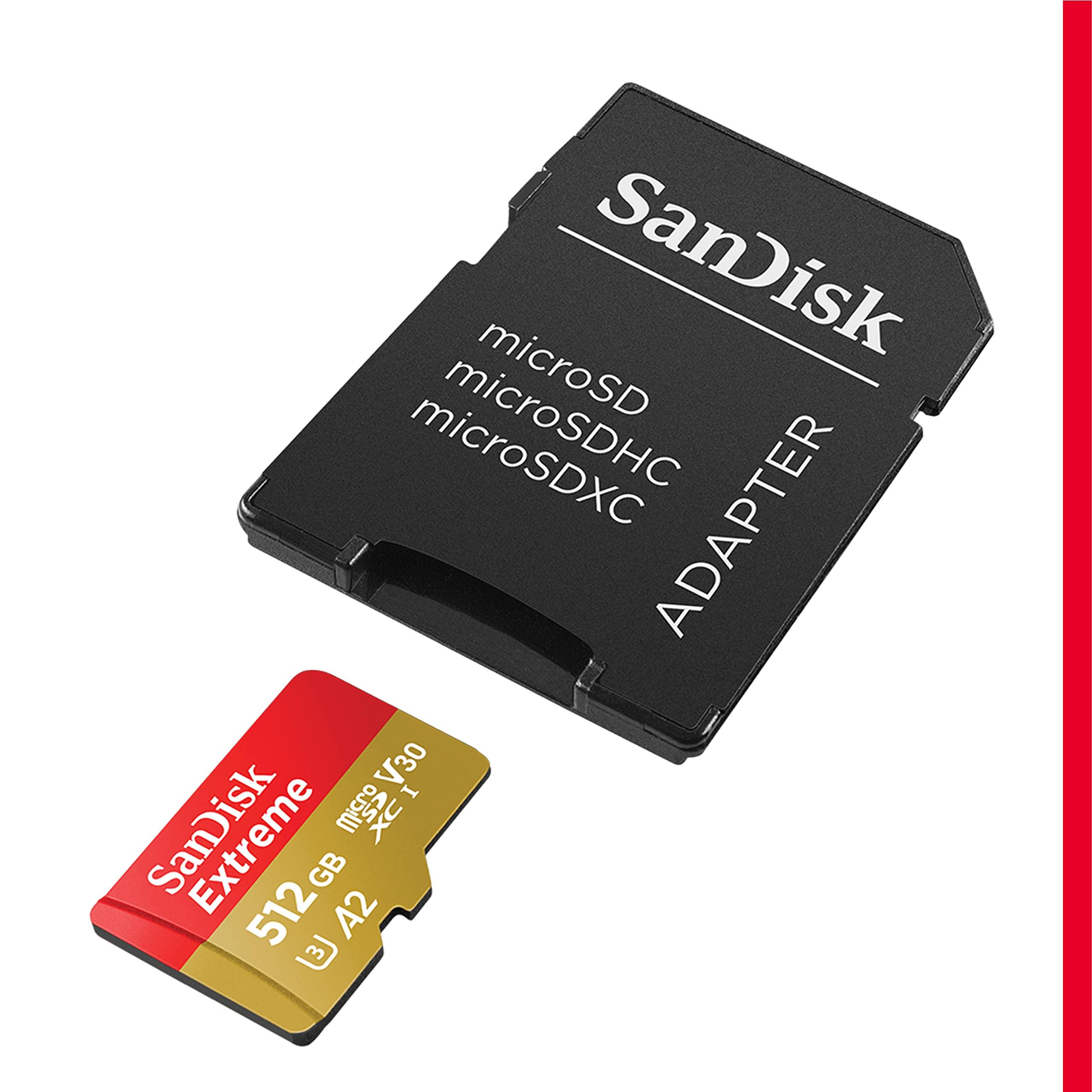 SanDisk SanDisk 512GB Extreme microSDXC UHS-I Memory Card with Adapter - Up to 190MB/s, C10, U3, V30, 4K, 5K, A2, Micro SD Card - SDSQXAV-512G-GN6MA