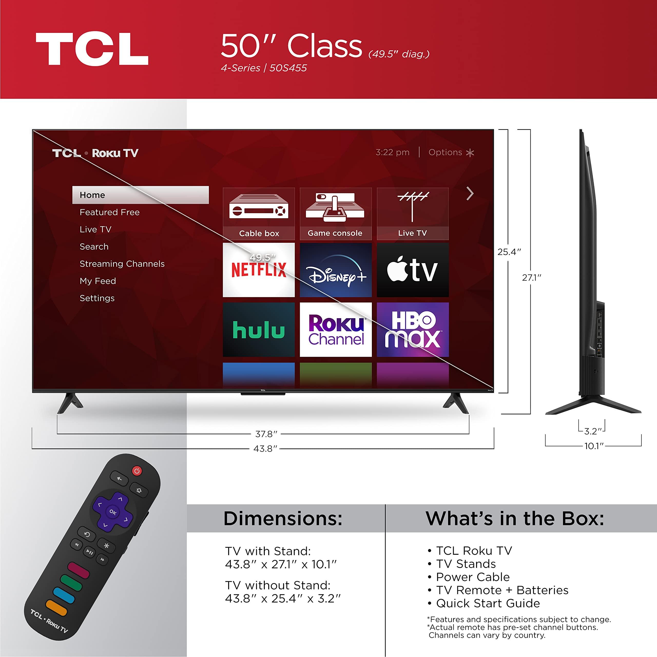 TCL TCL 50\" Class 4-Series 4K UHD HDR Smart Roku TV 50S455 2022, Black
