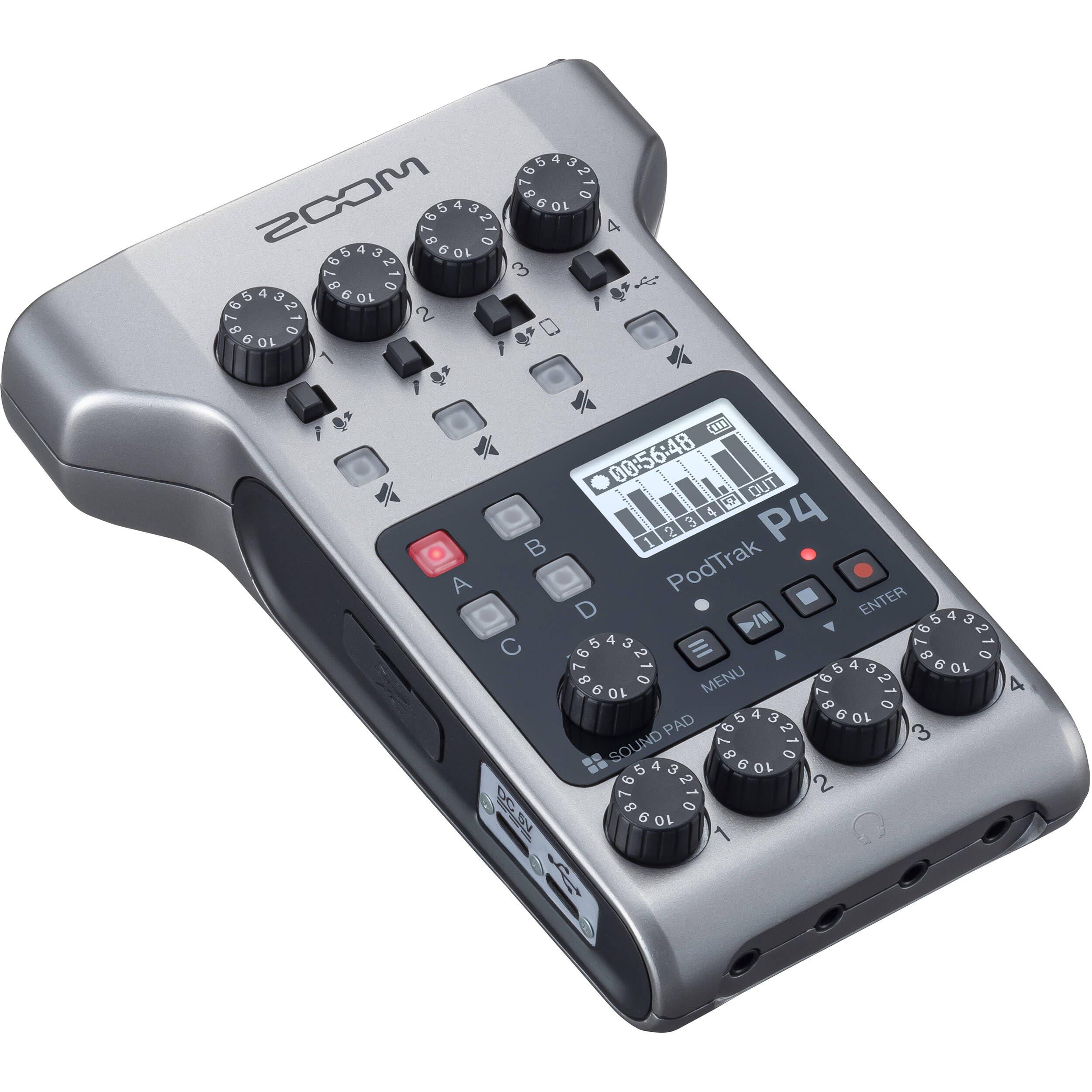 The Imaging World Zoom PodTrak P4 Portable Multitrack Podcast Recorder Bundle with Three (3) Mic Packs with Headphones, Windscreen, XLR, and Tabletop Stands + 64GB Card + Wallet