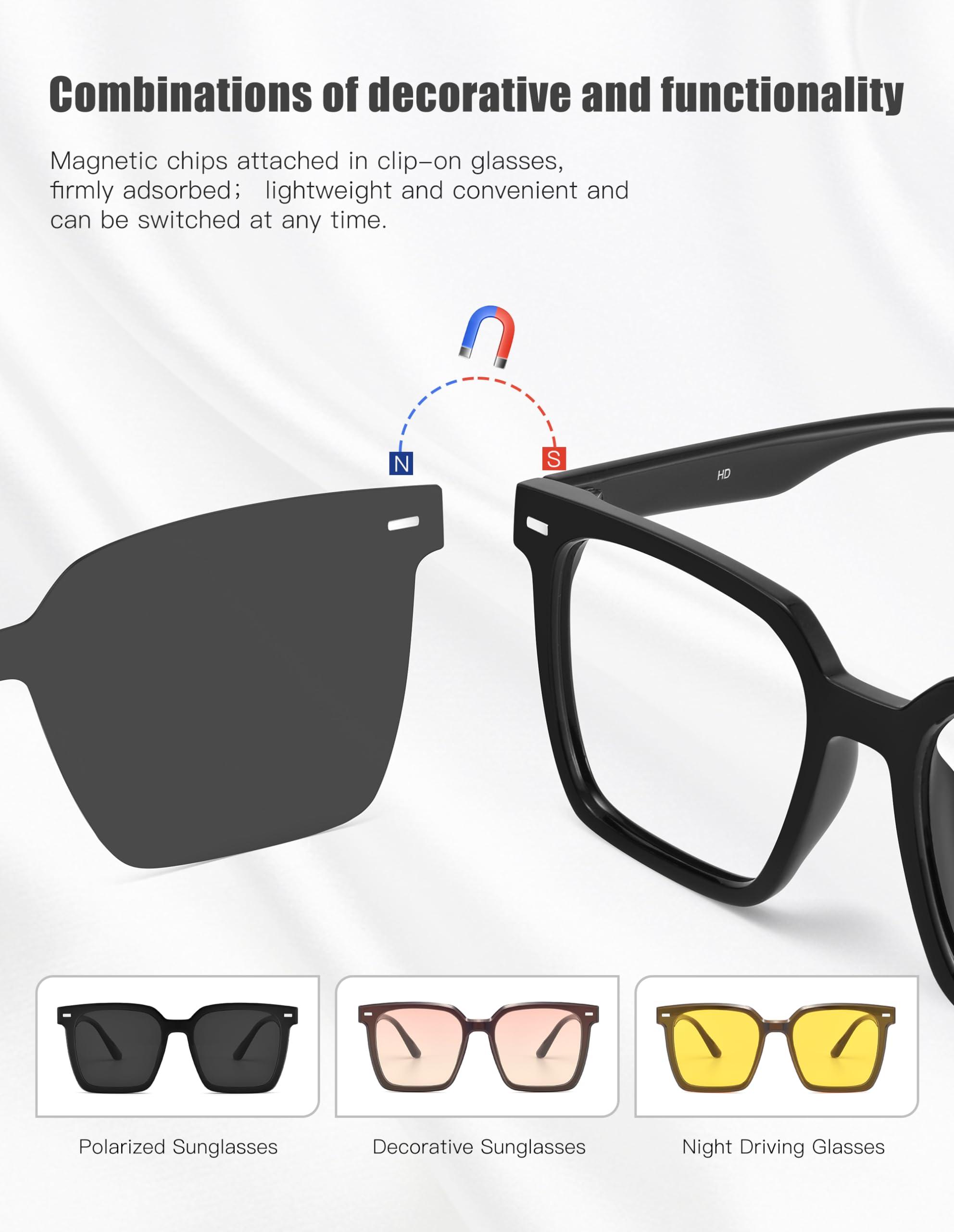 ZanyLen ZanyLen Magnetic Clip On Sunglasses for Men/Women Polarized UV Protection Night Driving Sunglasses Square Blue Light Glasses