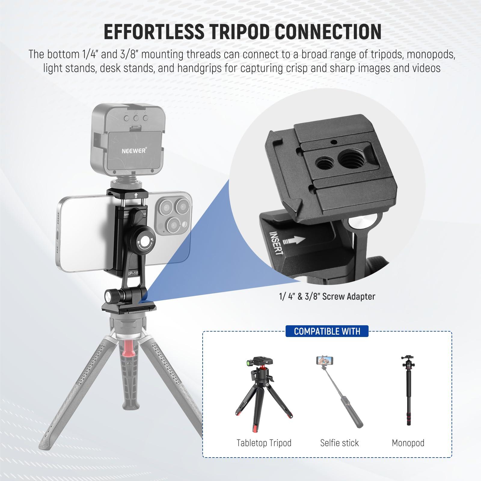 Neewer Neewer Phone Tripod Mount Adapter with Arca Type QR Base, Cold Shoe, 1/4" 3/8" Holes, 360 Swivel 180 Tilt, Phone Holder Compatible with iPhone Samsung Arca Swiss DJI RS 4 Pro 3 2 Stabilizer, SP-18