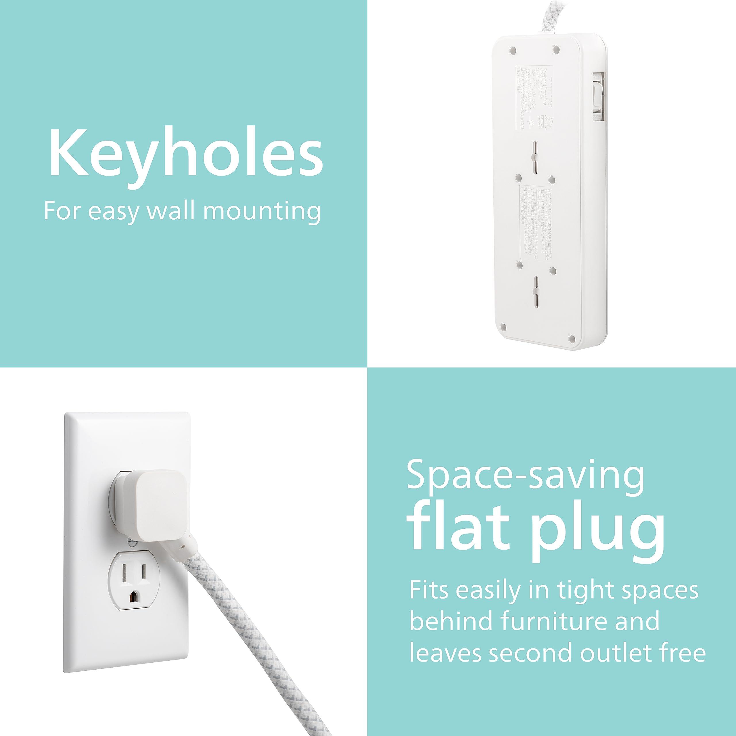 PHILIPS Philips Accessories EZFit 6-Outlet Surge Protector Power Strip, 8 Ft Braided Extension Cord, Widely Spaced Outlets, 1080 Joules, Flat Plug, for Home Office Dorm Essentials, White, SPC6066WB/37