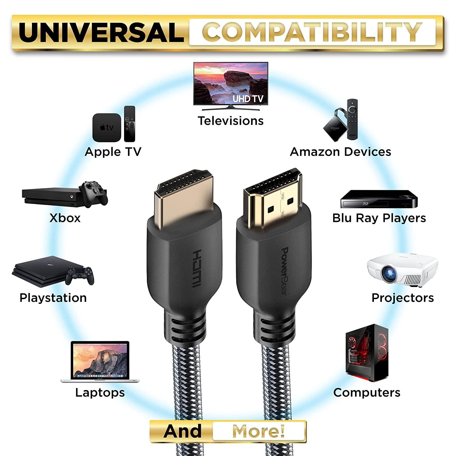 PowerBear PowerBear 4K HDMI Cable 1 ft | High Speed, Braided Nylon & Gold Connectors, 4K @ 60Hz, Ultra HD, 2K, 1080P, ARC & CL3 Rated | for Laptop, Monitor, PS5, PS4, Xbox One, Fire TV, Apple TV & More