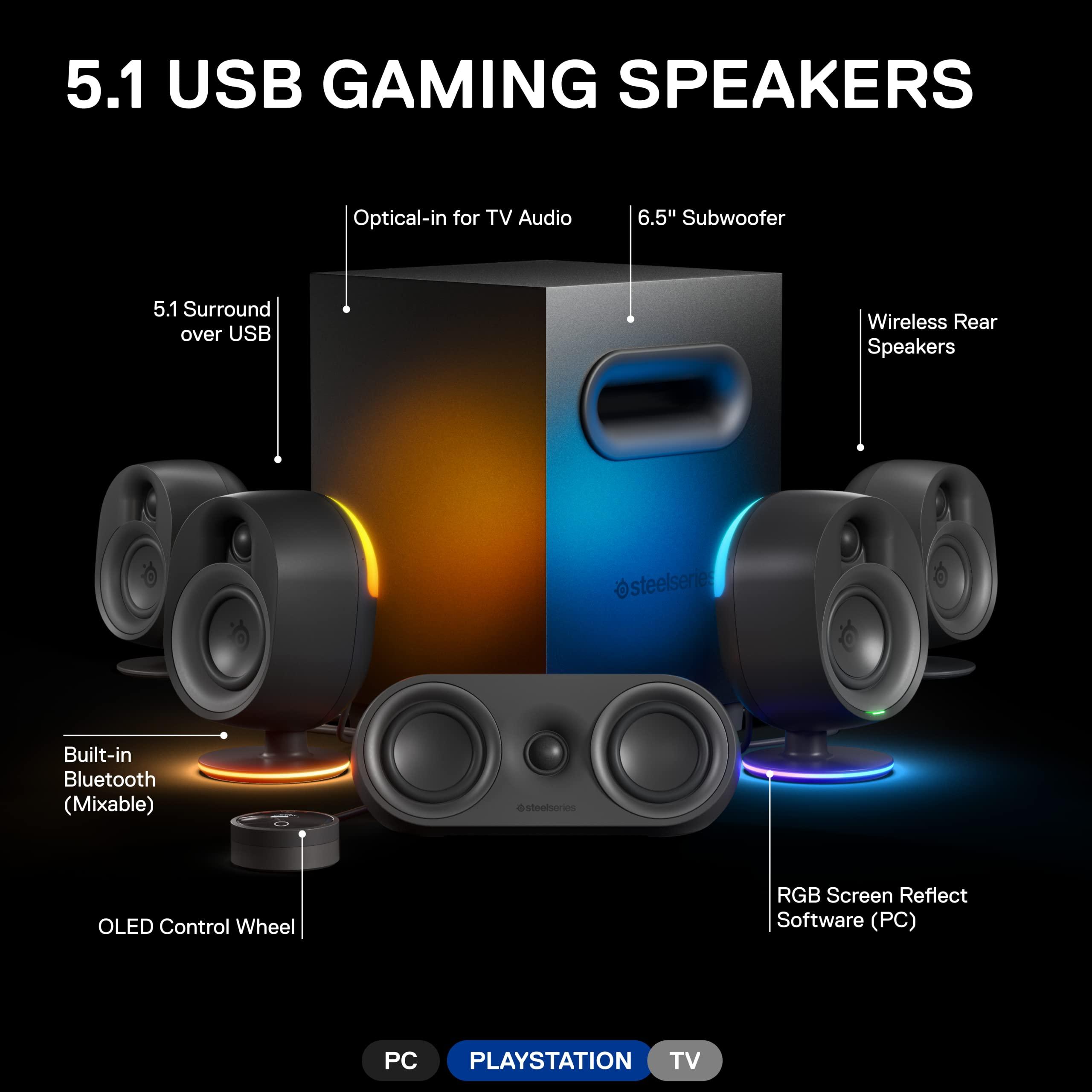 SteelSeries SteelSeries Arena 9 Illuminated 5.1 Desktop Gaming Speakers 5.1 USB Surround Sound Wireless Rear Speakers 2-Way Speaker Design Subwoofer RGB Light, Bluetooth PC, PlayStation, Mobile, Mac
