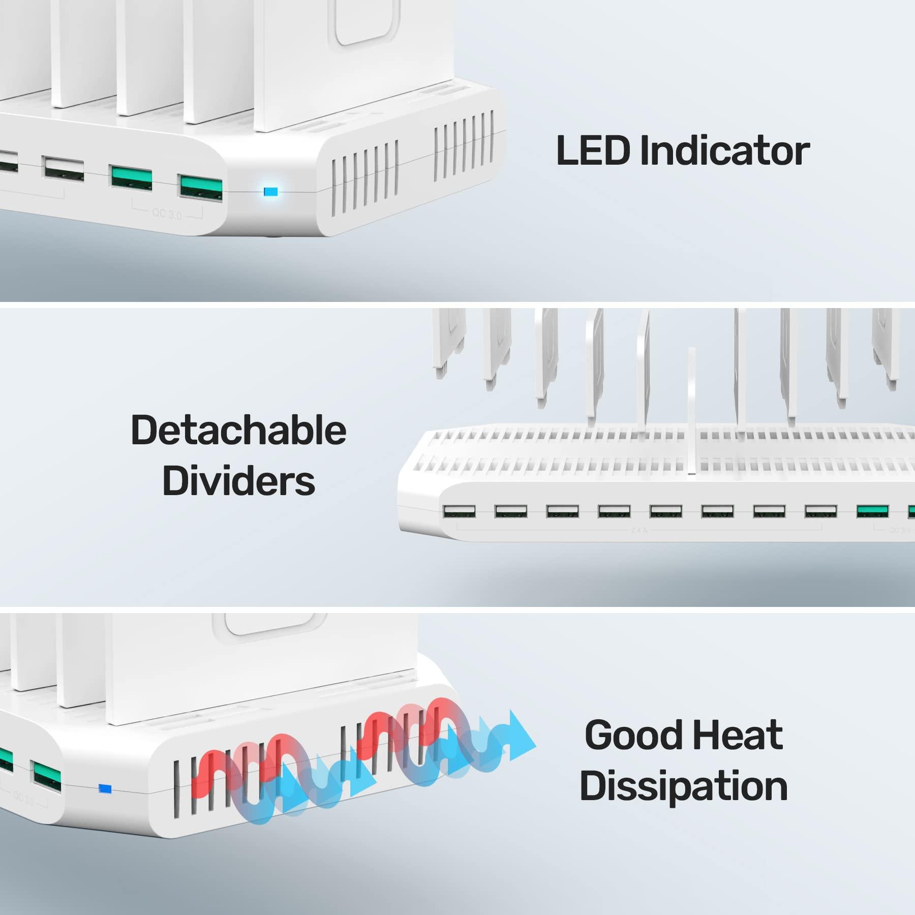 Unitek iPad Charging Station, Unitek 96W 10-Port USB Charging Dock Hub with Quick Charge 3.0, Charging Stand Compatible Multiple Device, Charging 8 iPads Simultaneously - [Upgraded Divider]