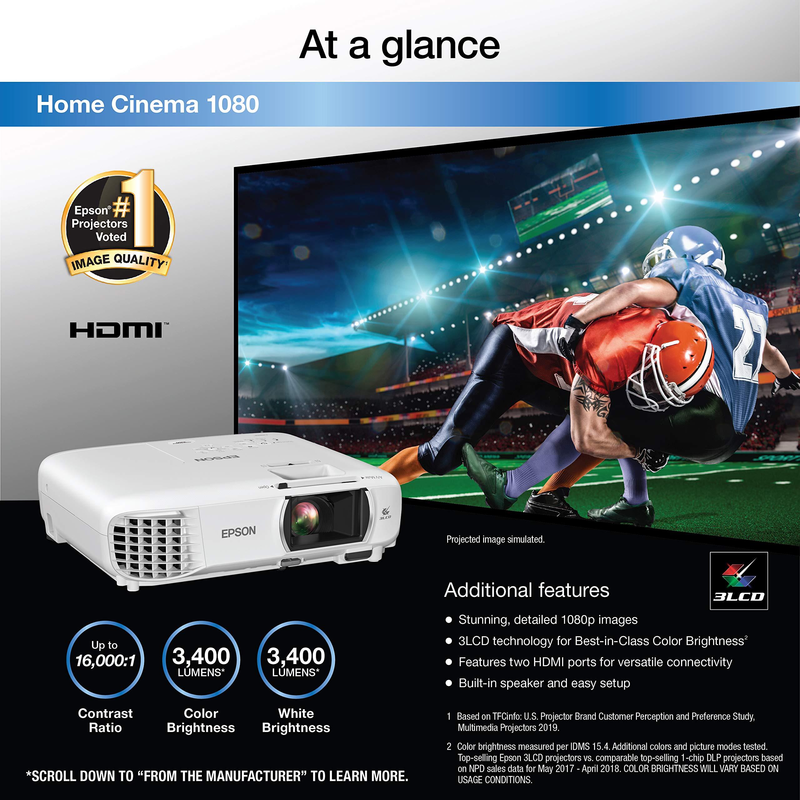 Epson Epson Home Cinema 1080 3-chip 3LCD 1080p Projector, 3400 lumens Color and White Brightness, Streaming/Gaming/Home Theater, Built-in Speaker, Auto Picture Skew, 16,000:1 Contrast, Dual HDMI, White (Ren