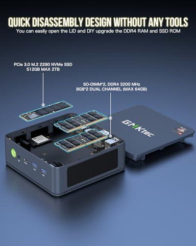 GMKtec GMKtec Mini PC AMD Ryzen 7 5825U (Turbo 4.5GHz) Dual NIC 2.5G Gaming Desktop Computers 16GB DDR4 512GB SSD Dual LAN 2.5G/ WiFi 6E, USB3.2, USB-C, BT 5.2, DP, HDMI, Dual Fan