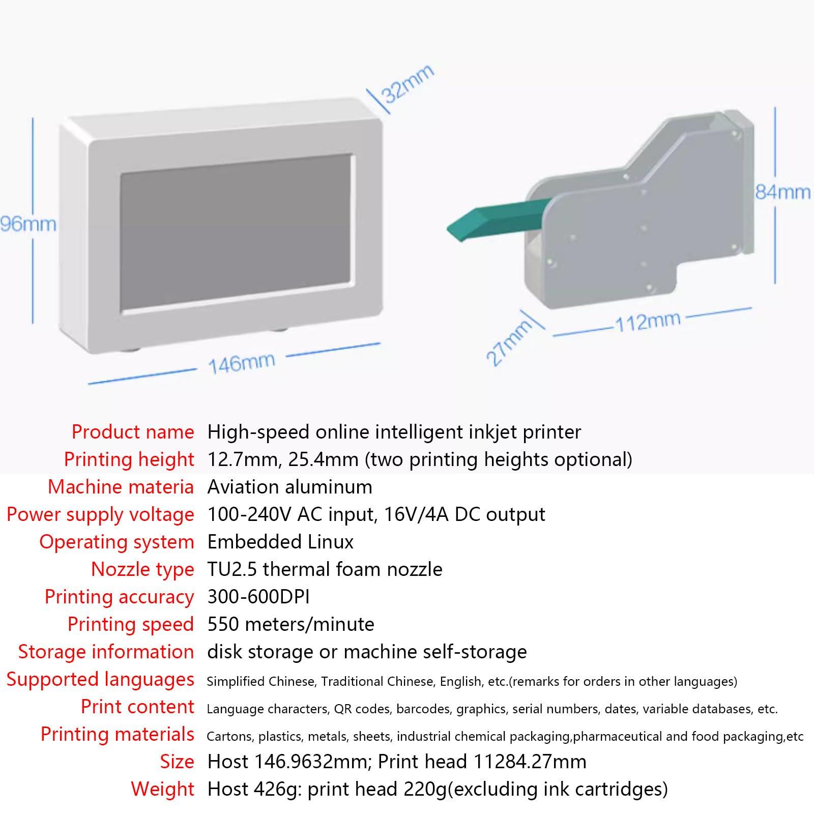 RESKIU RESKIU Online Industrial Inkjet Printer, Batch Coder Automatic Coding Inkjet Code Barcode Quick-Drying Online Batch Coding Printer for Date, Picture, Barcode, Qr Code, Label, Variable Data etc,25.4mm