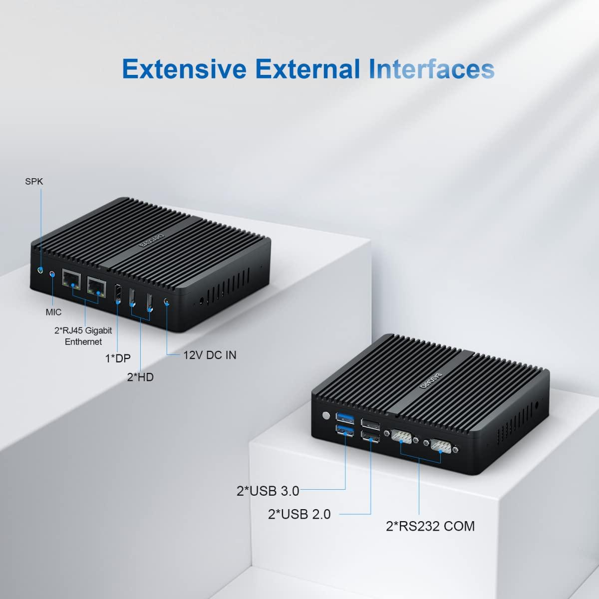 BASOARO BASOARO Mini Desktop PC, Industrial PC Fanless Win 11 Pro, Celeron J6412, 8G RAM 512G SSD 1TB HDD, 2*RS232 COM, Dual LAN, 1*DP, 2*HD, Triple Display, 4K, WiFi, Dual Band WiFi, Mini PC Fanless